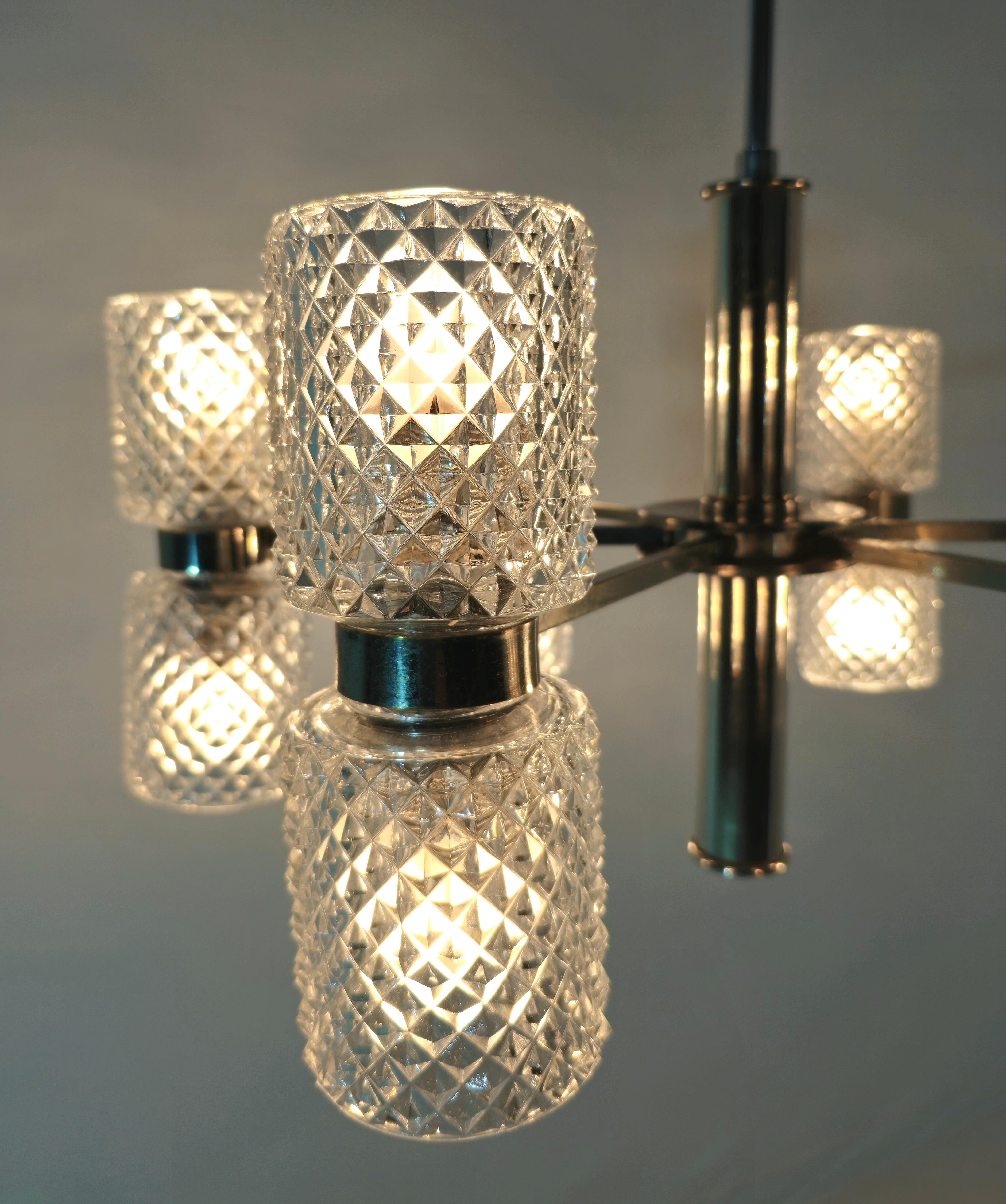 Chandelier in Nickel-Plated Brass and Crystal Glass by Fagerlund Mid-Century 60s In Good Condition For Sale In Palermo, IT
