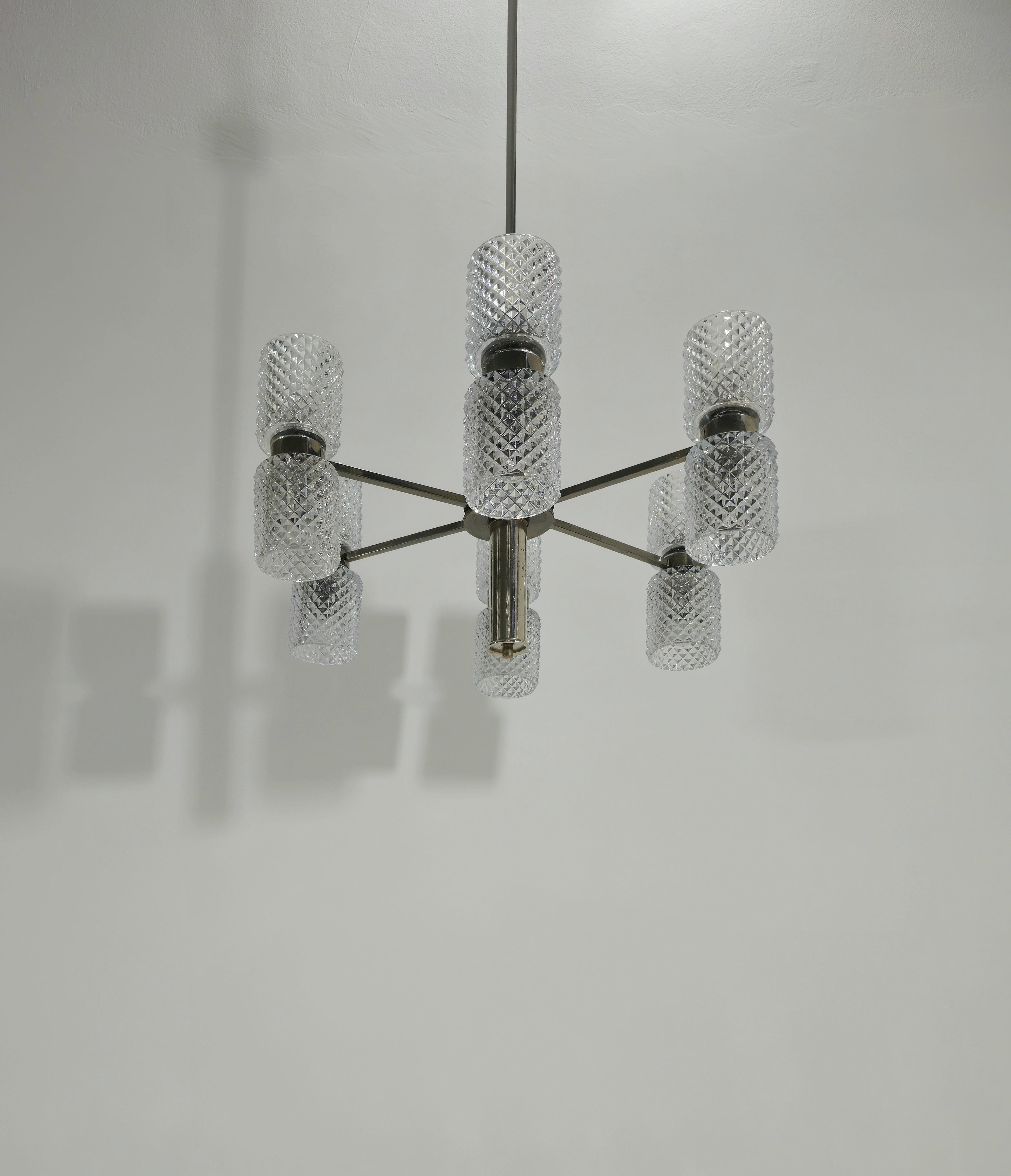 20th Century Chandelier in Nickel-Plated Brass and Crystal Glass by Fagerlund Mid-Century 60s For Sale