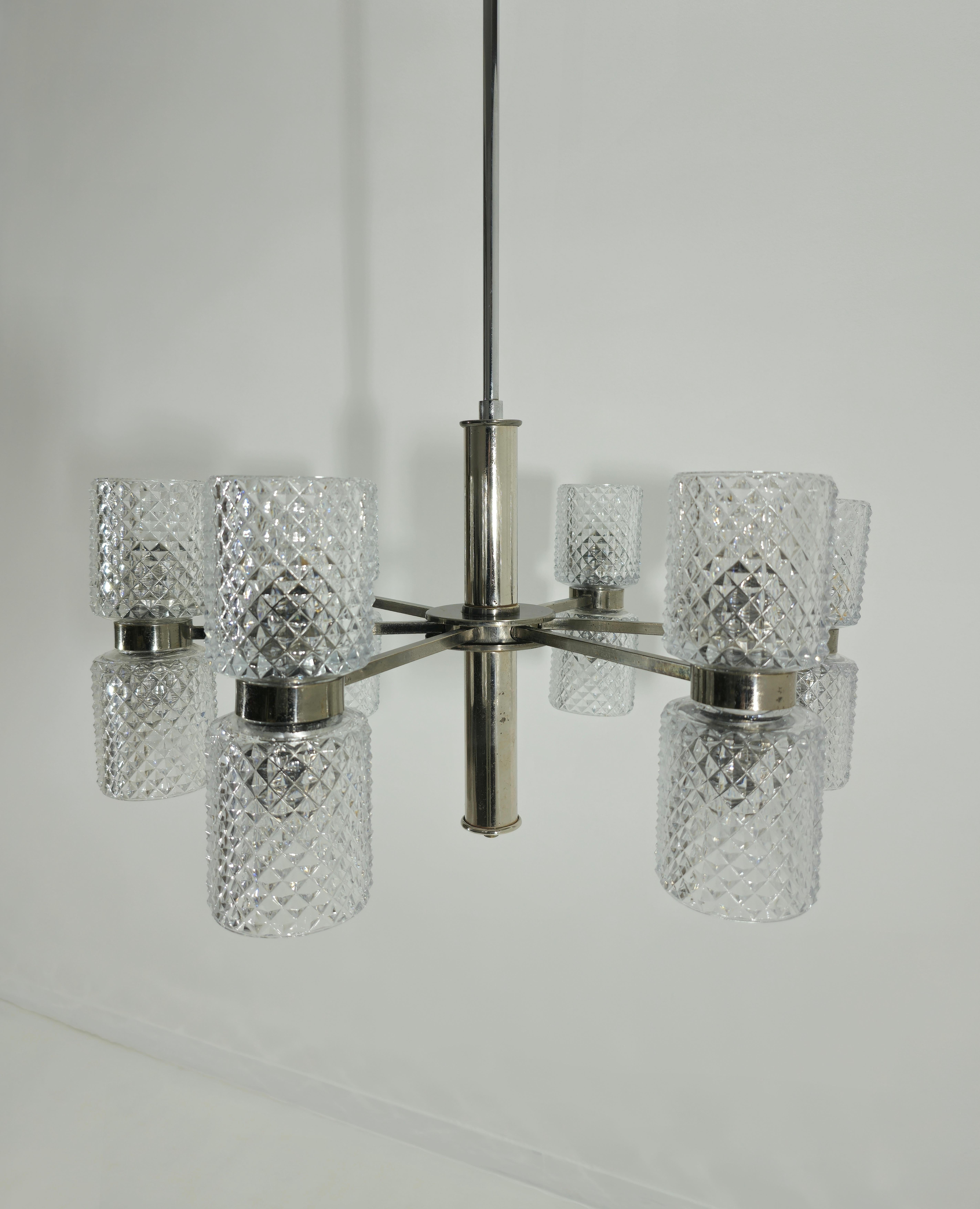 Chandelier in Nickel-Plated Brass and Crystal Glass by Fagerlund Mid-Century 60s For Sale 1