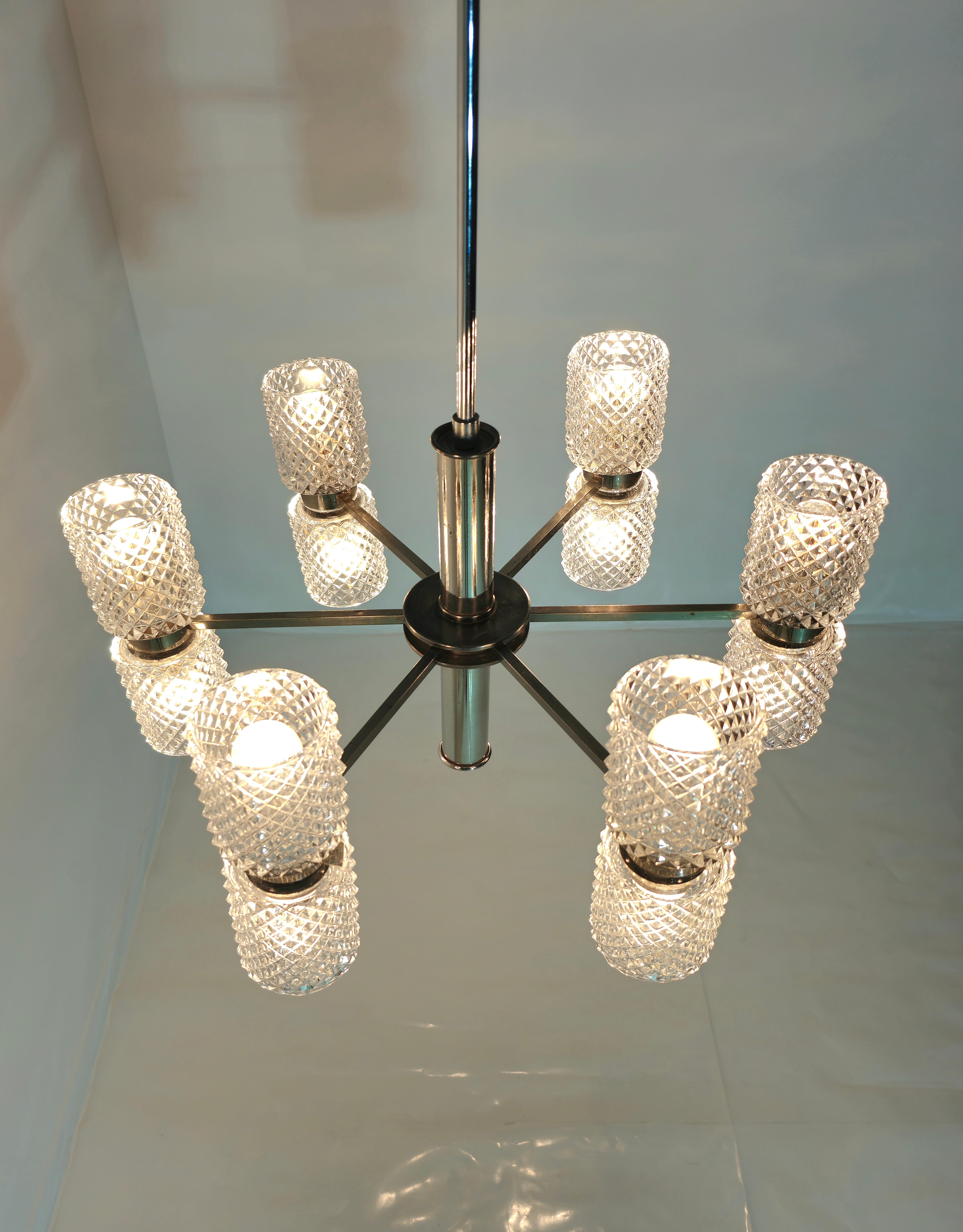 Chandelier in Nickel-Plated Brass and Crystal Glass by Fagerlund Mid-Century 60s For Sale 2