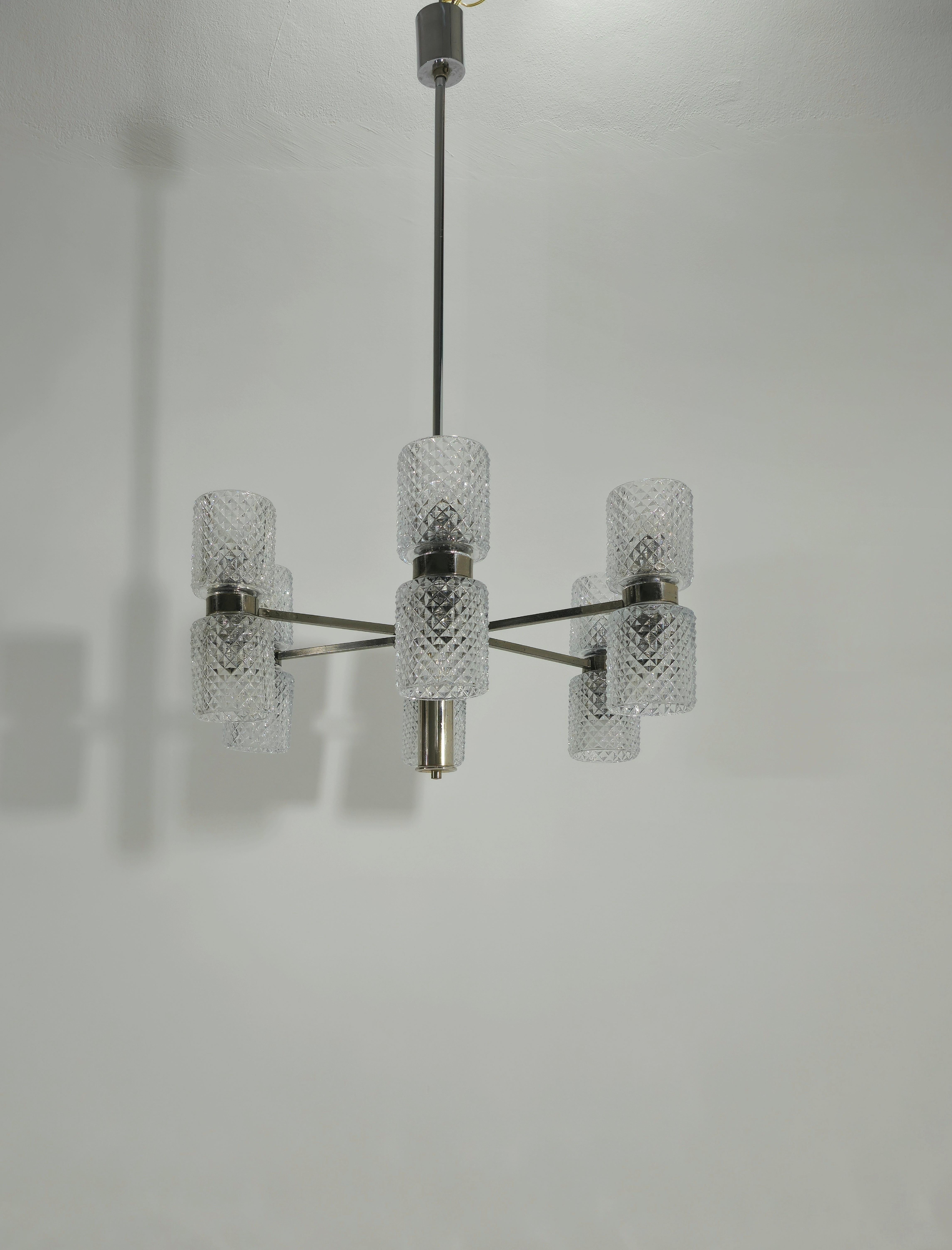 Chandelier in Nickel-Plated Brass and Crystal Glass by Fagerlund Mid-Century 60s For Sale 3