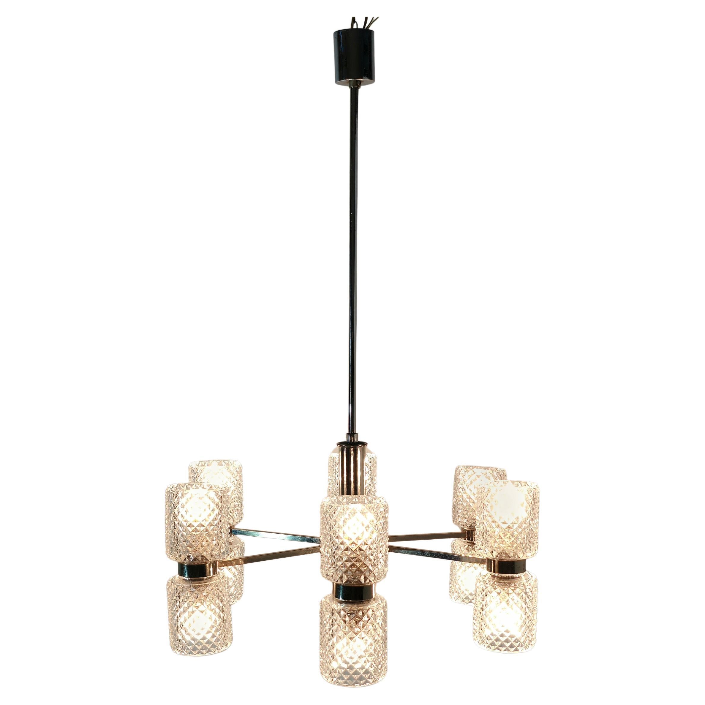 Chandelier in Nickel-Plated Brass and Crystal Glass by Fagerlund Mid-Century 60s For Sale