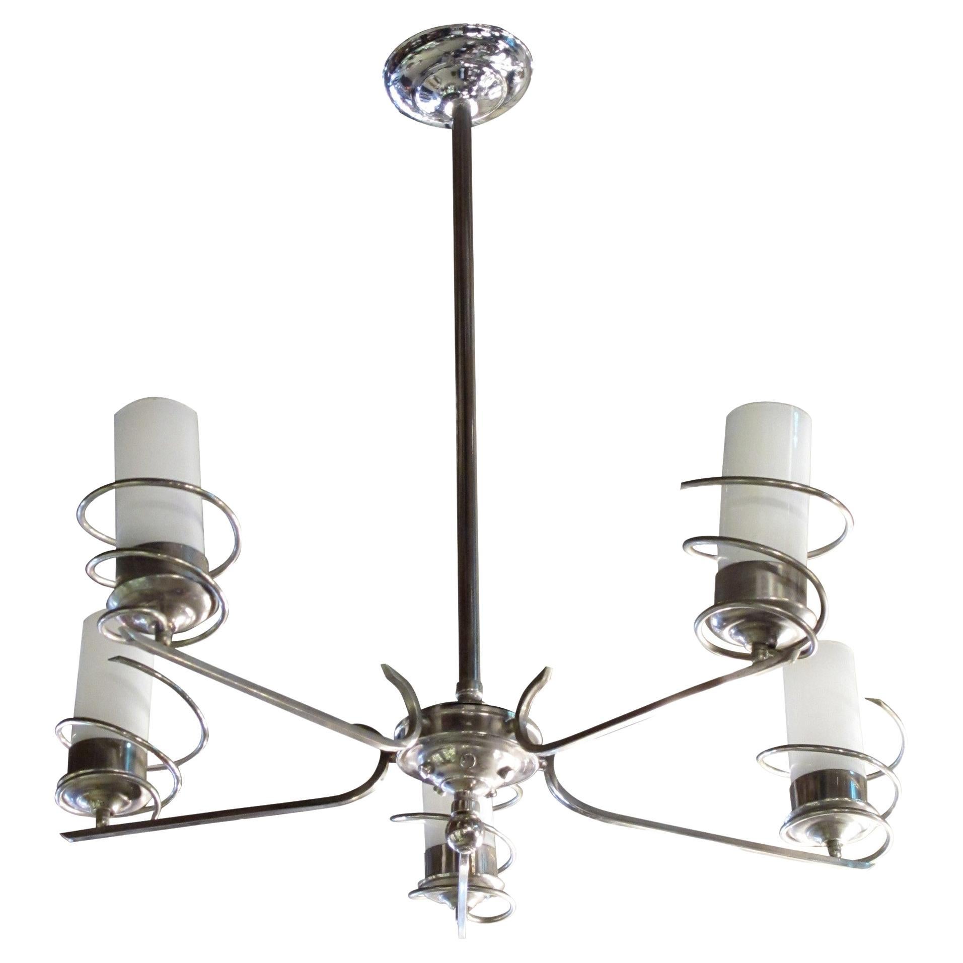 Chandelier in Opaline Glass and Chromed Bronze, Style: Art Deco, German, 1920 For Sale