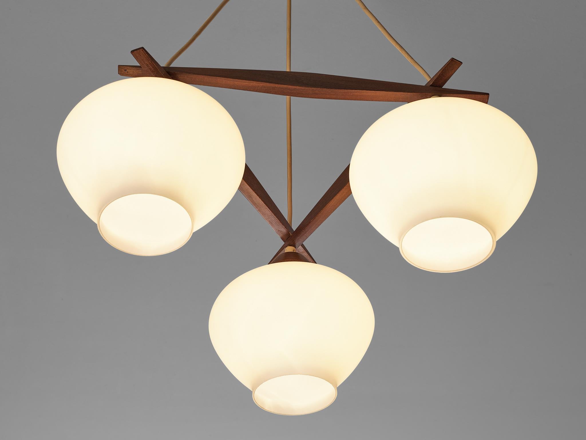 European Chandelier in Opaline Glass and Teak