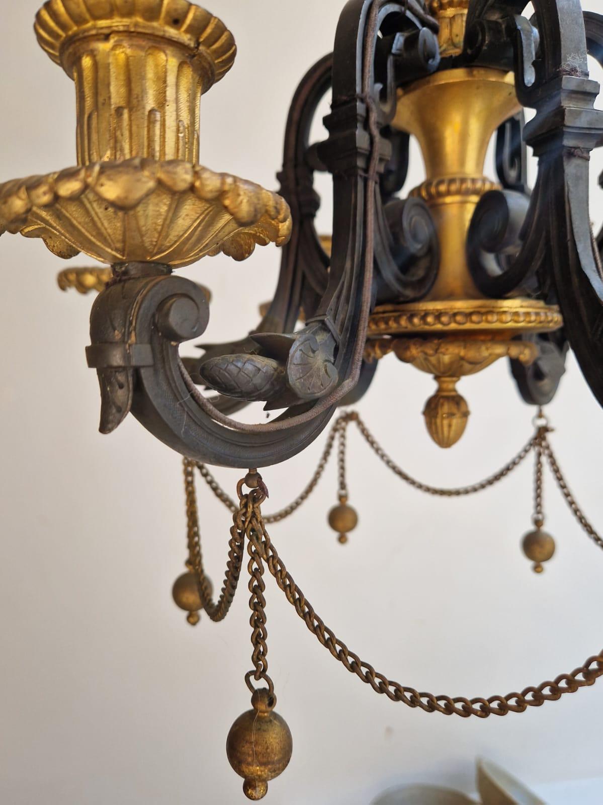 French Chandelier in Patinated and Gilded Bronze from 19th Century For Sale