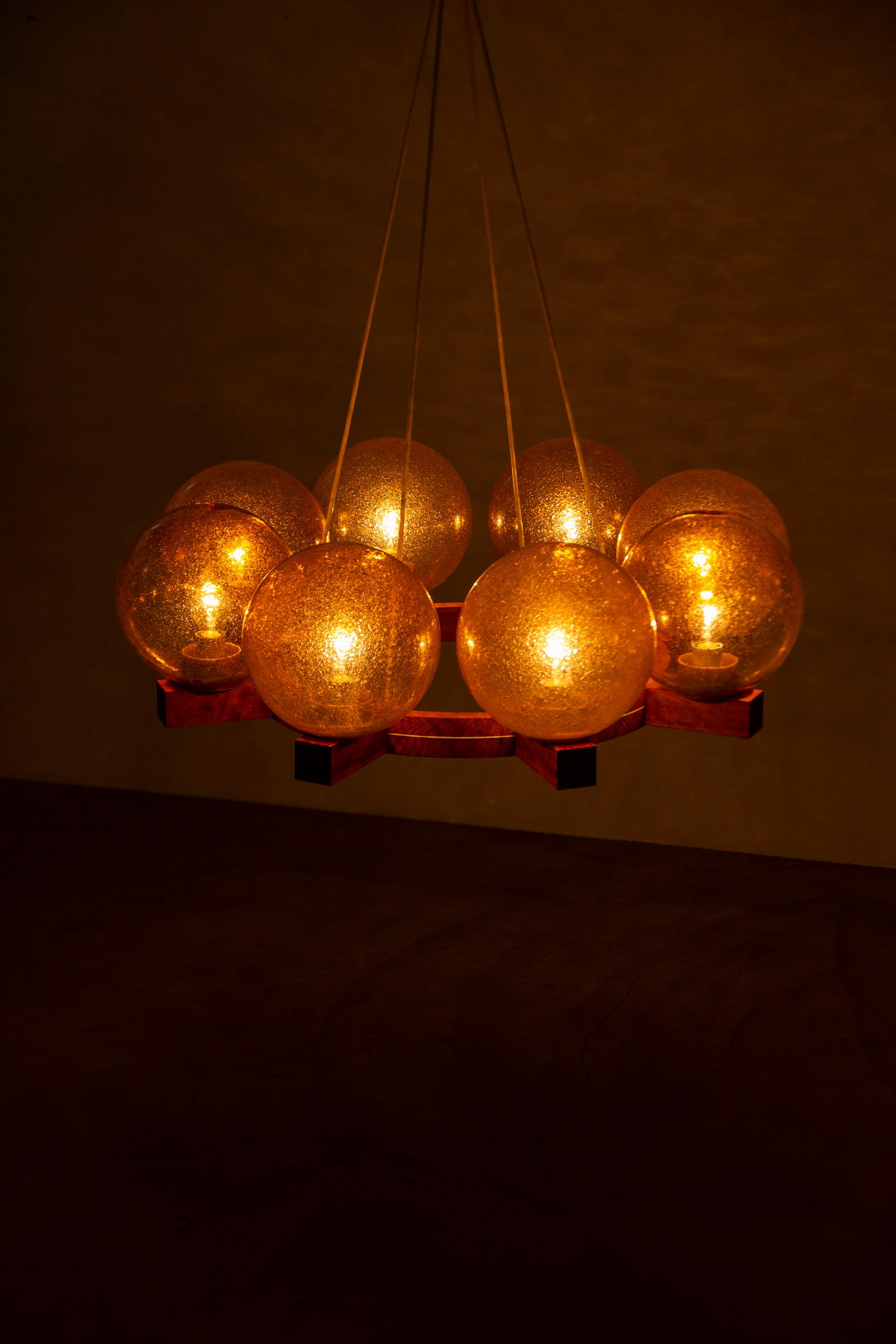 Chandelier in pine and glass by Uno & Östen Kristiansson, Luxus Sweden 1960s 3