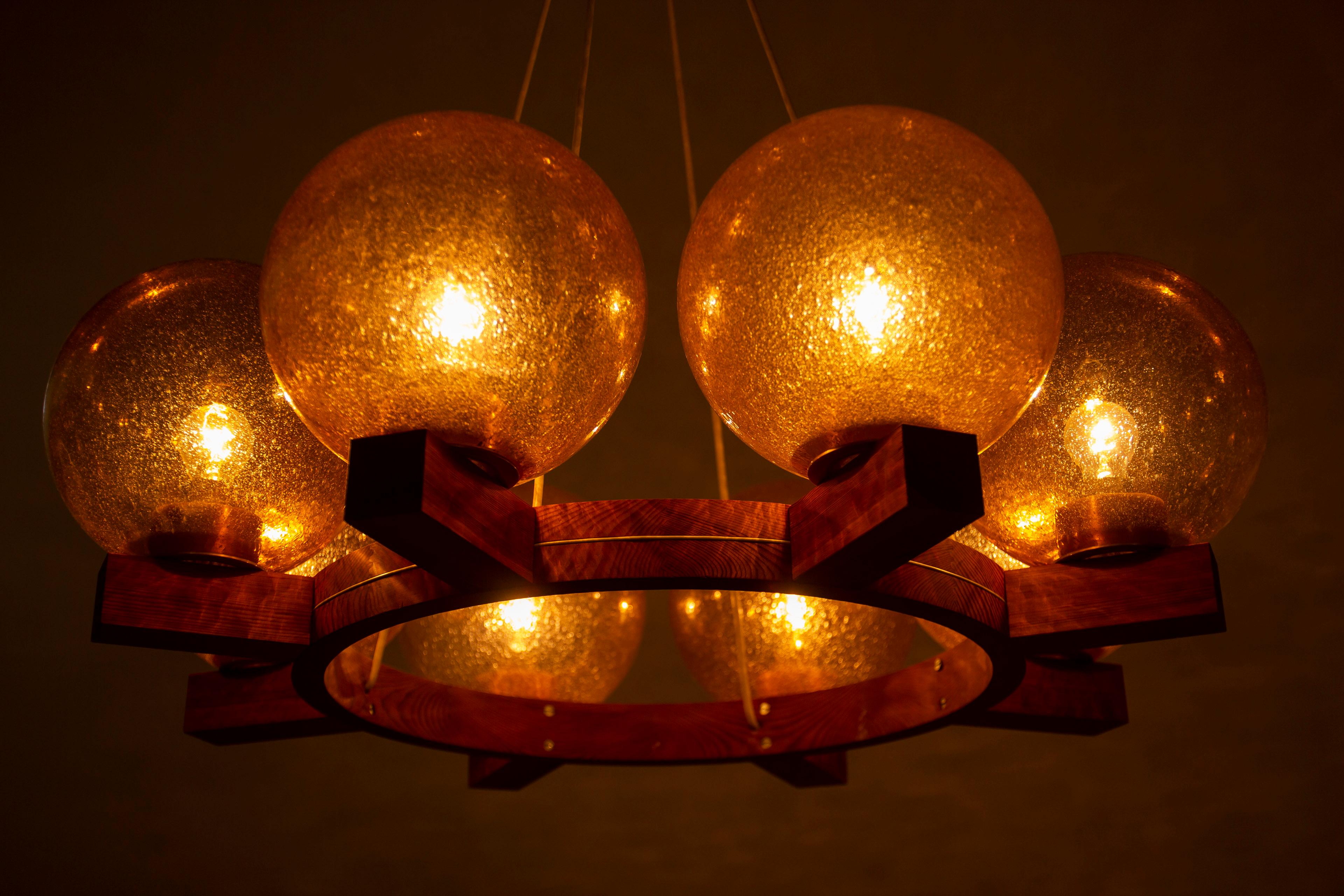 Chandelier in pine and glass by Uno & Östen Kristiansson, Luxus Sweden 1960s 4