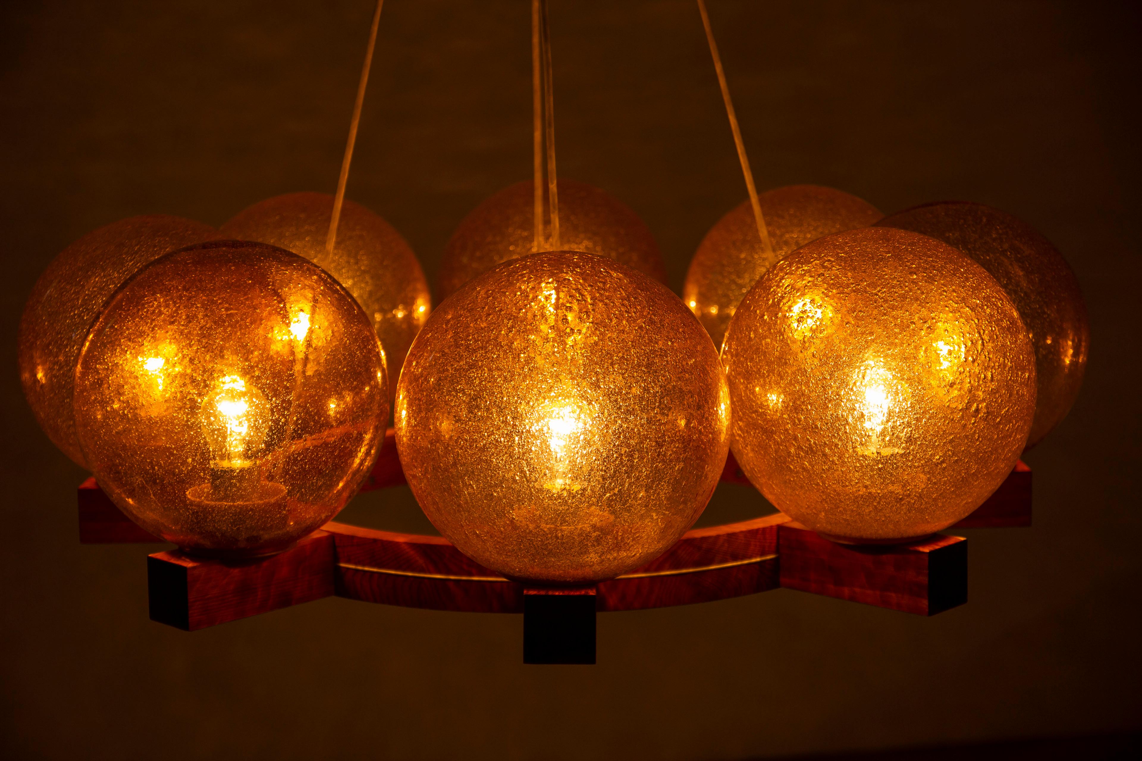 Chandelier in pine and glass by Uno & Östen Kristiansson, Luxus Sweden 1960s 5