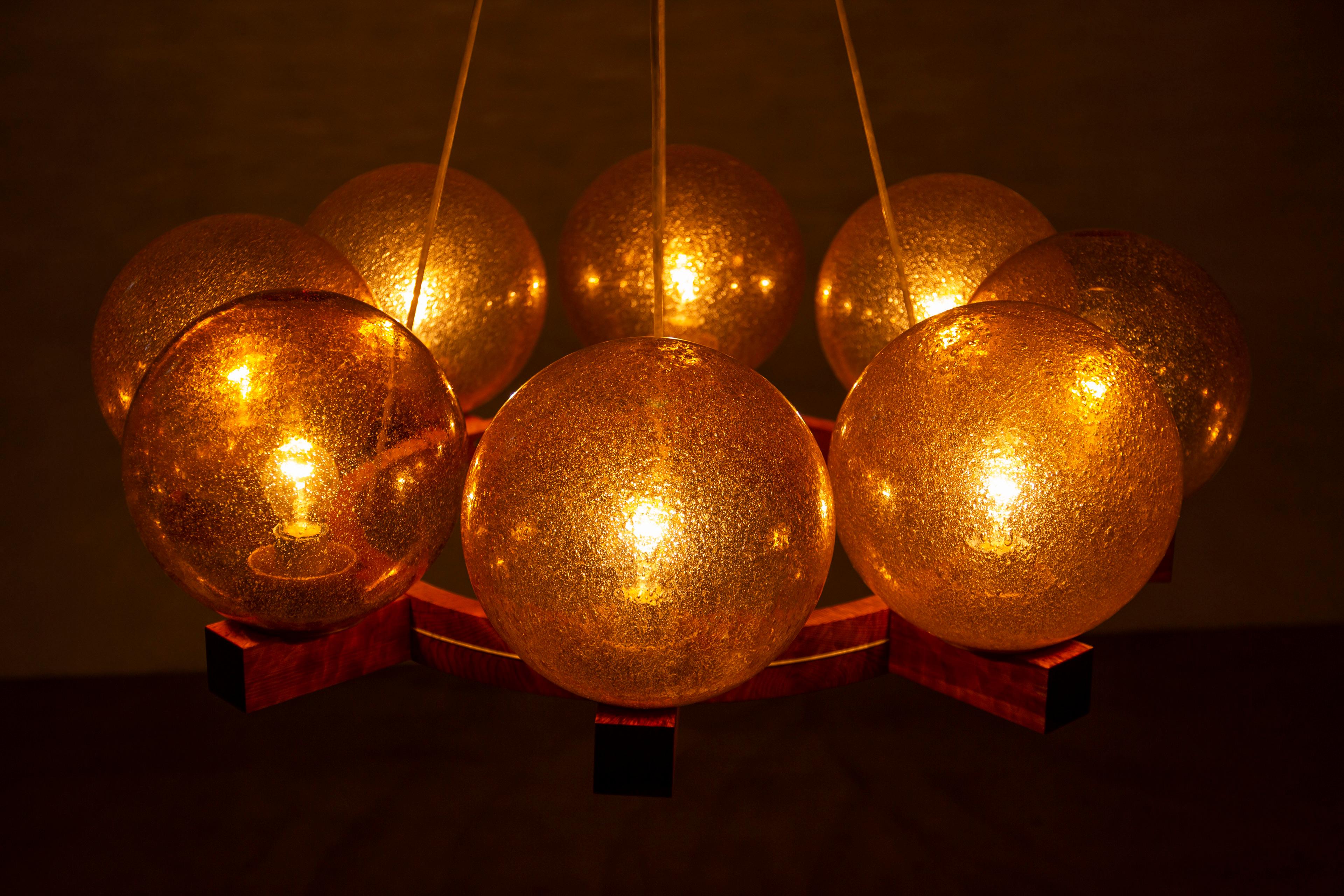 Chandelier in pine and glass by Uno & Östen Kristiansson, Luxus Sweden 1960s 7