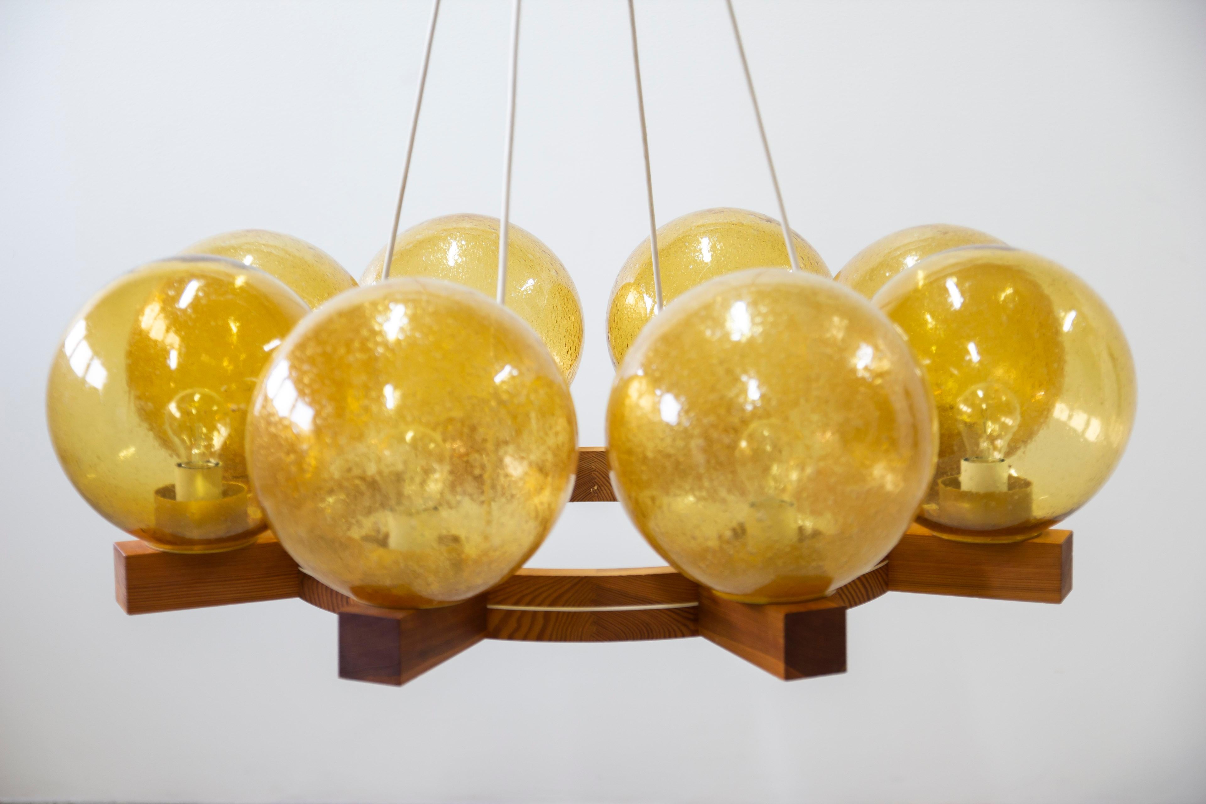 Mid-20th Century Chandelier in pine and glass by Uno & Östen Kristiansson, Luxus Sweden 1960s
