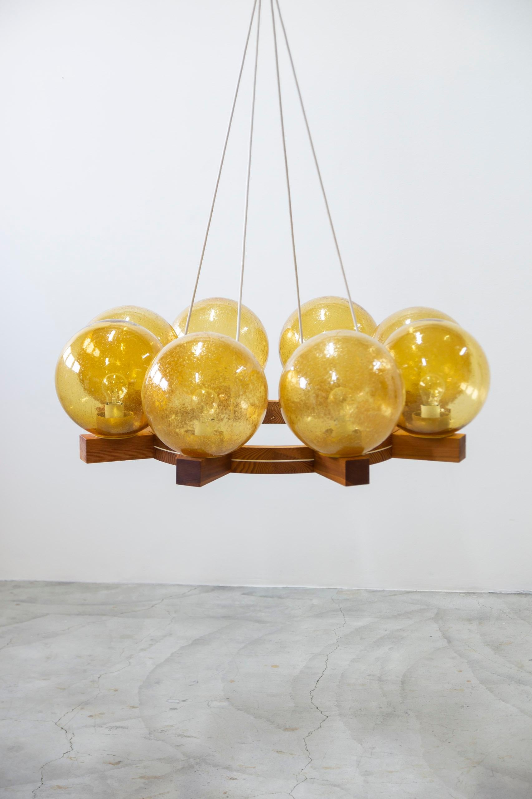 Blown Glass Chandelier in pine and glass by Uno & Östen Kristiansson, Luxus Sweden 1960s