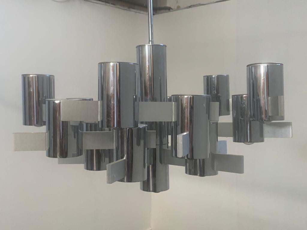 Late 20th Century Chandelier in Steel and Aluminum by Gaetano Sciolari For Sale