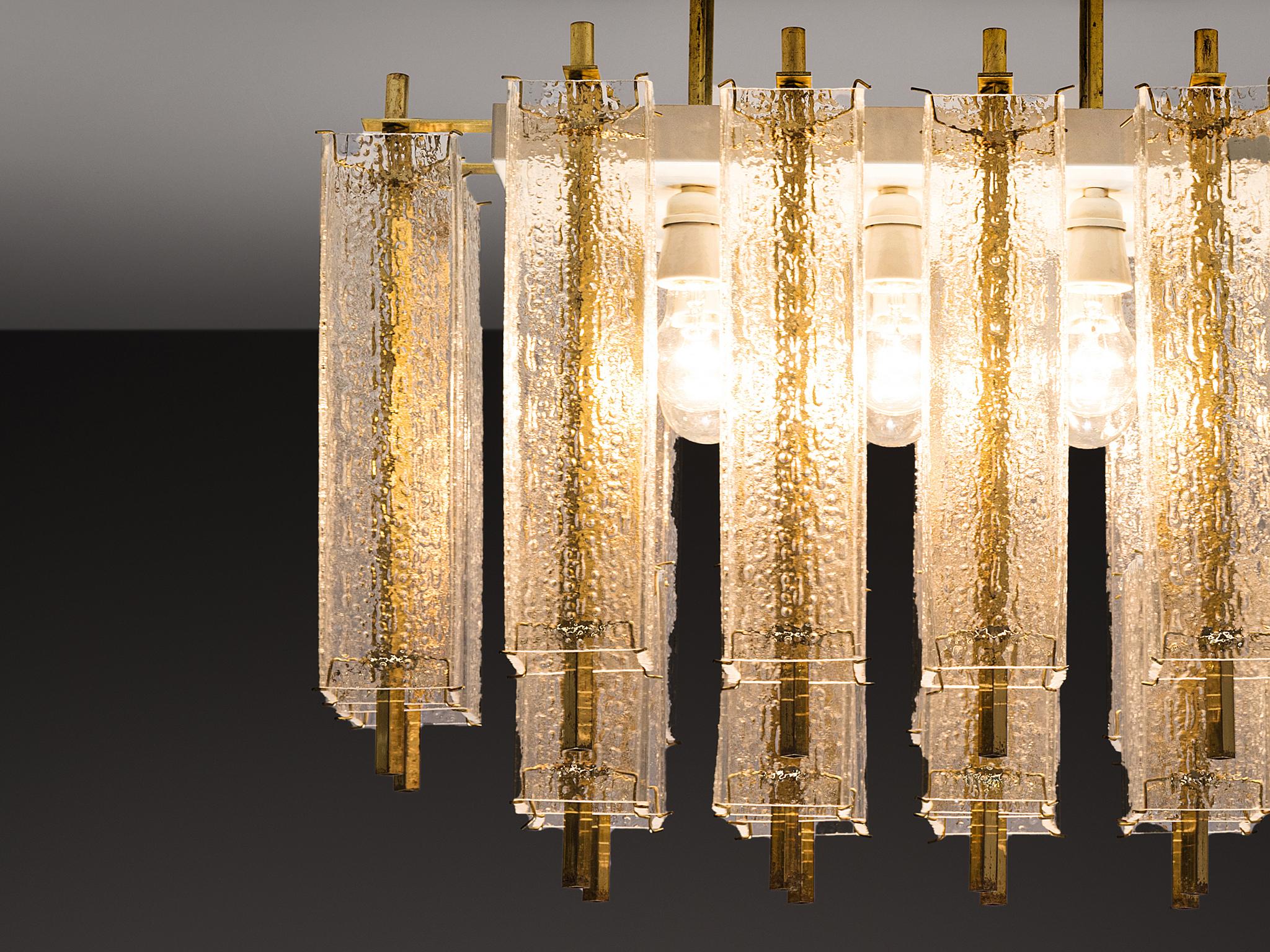 Mid-Century Modern Chandelier in Structured Glass and Brass For Sale