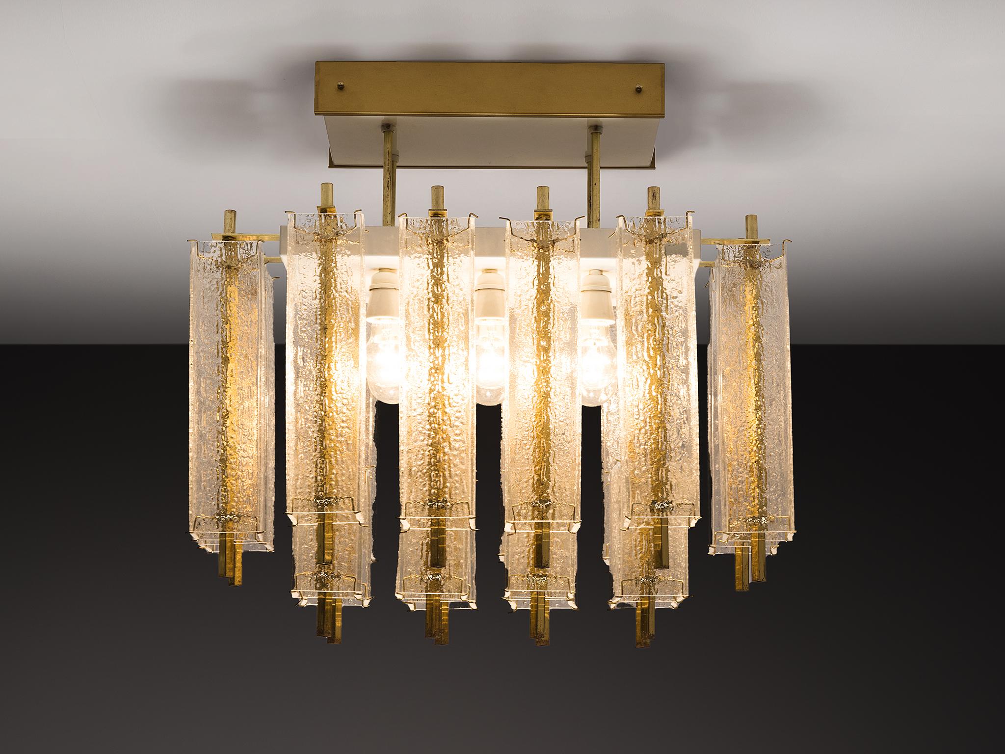 European Chandelier in Structured Glass and Brass For Sale