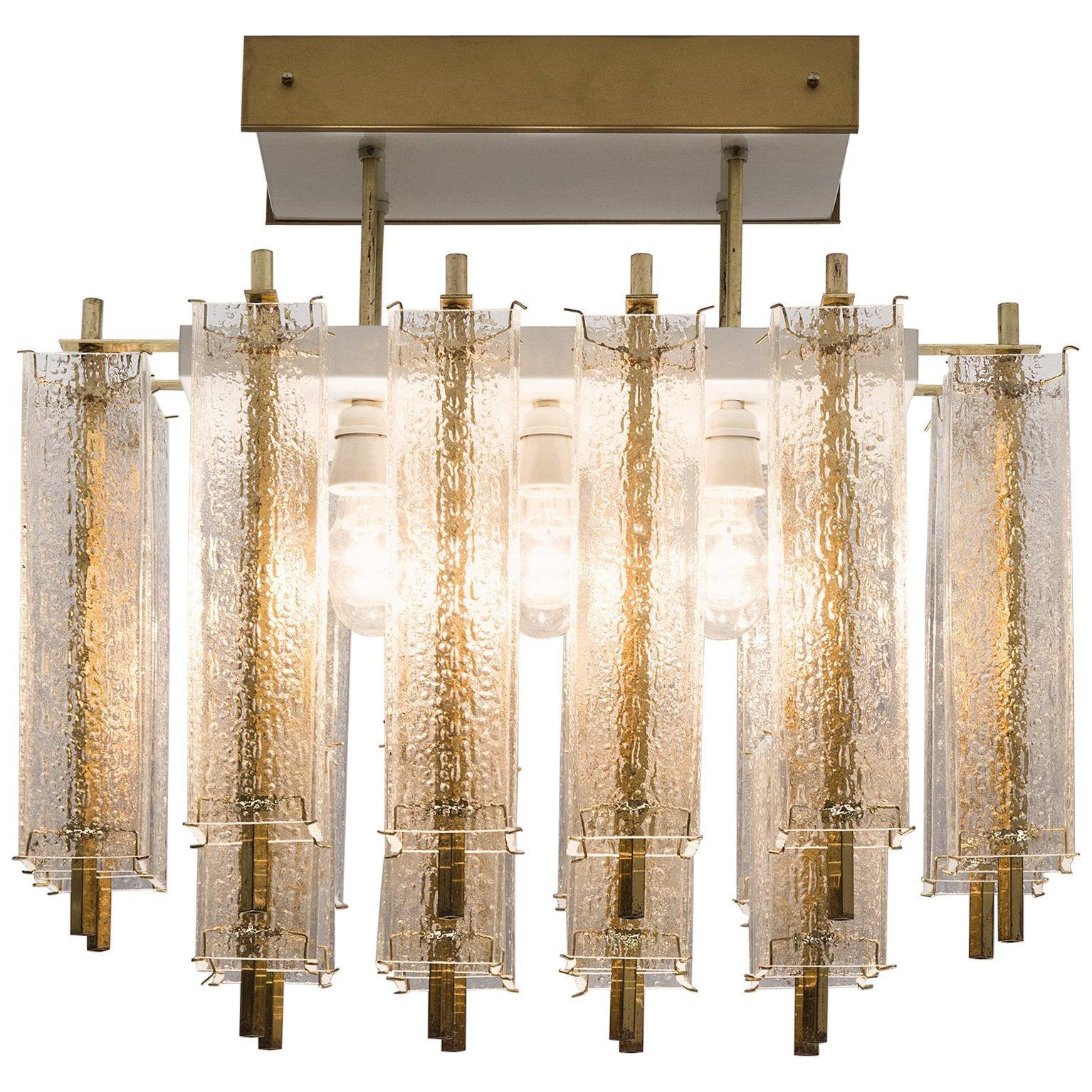 Chandelier in Structured Glass and Brass For Sale at 1stDibs