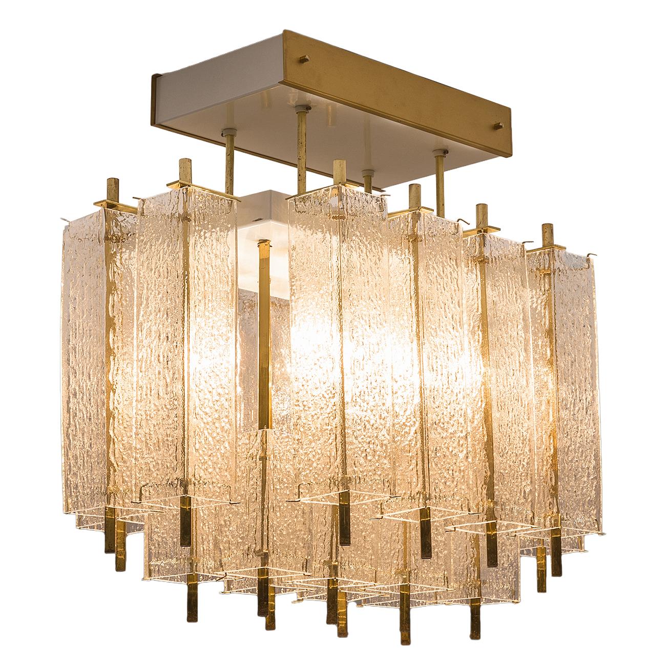 Chandelier in Structured Glass and Brass For Sale