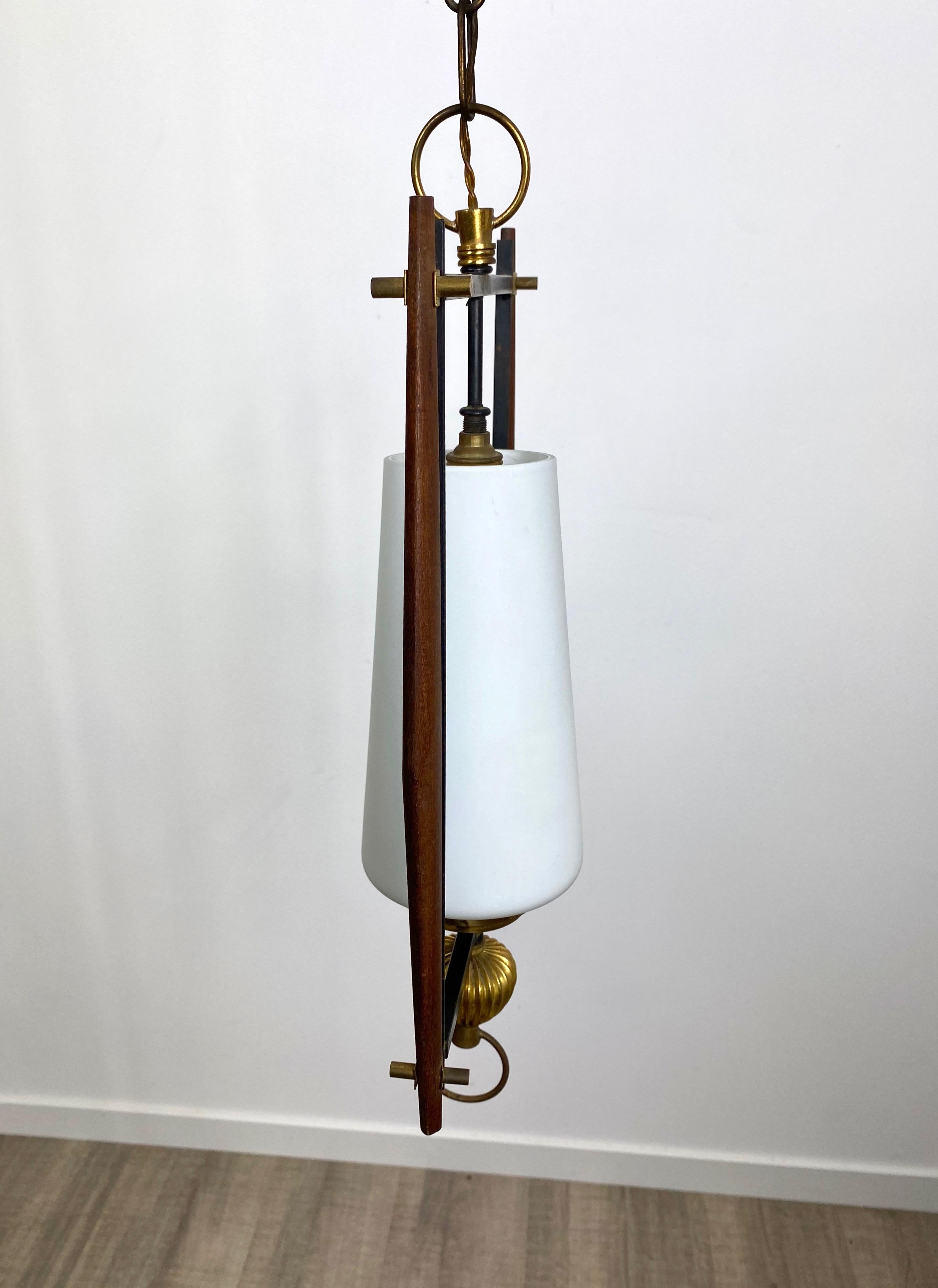 Mid-20th Century Chandelier in Teak and Opaline Glass Metal Pendant Stilnovo Style, Italy, 1960s For Sale