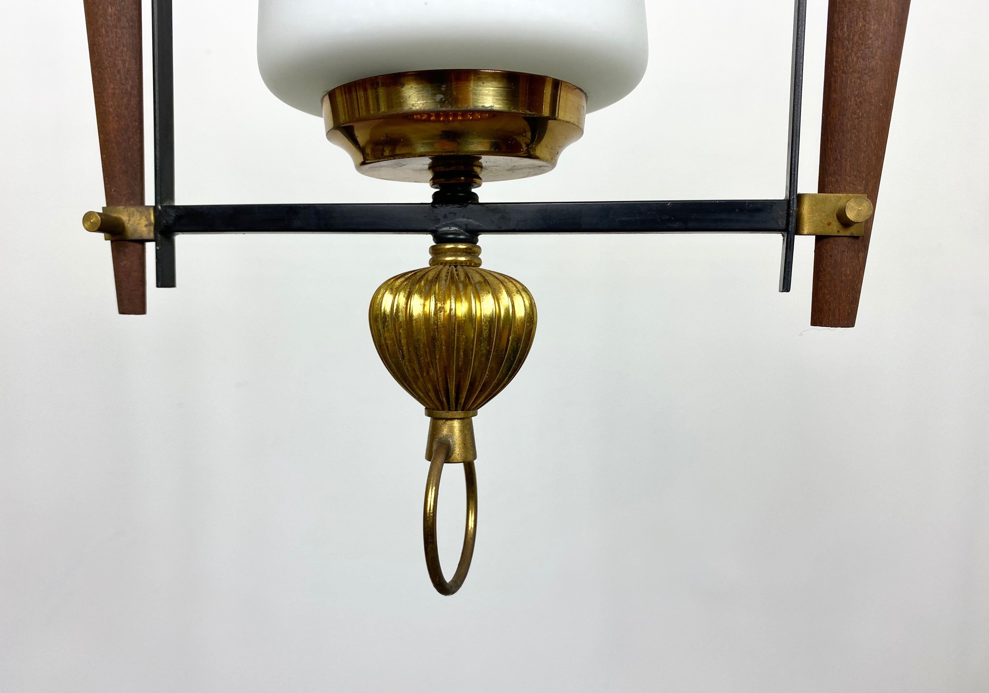 Chandelier in Teak and Opaline Glass Metal Pendant Stilnovo Style, Italy, 1960s For Sale 1