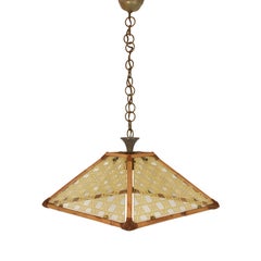 Chandelier in Textured Glass, Rattan, Bamboo and Brass, Pendant Italy, 1970s