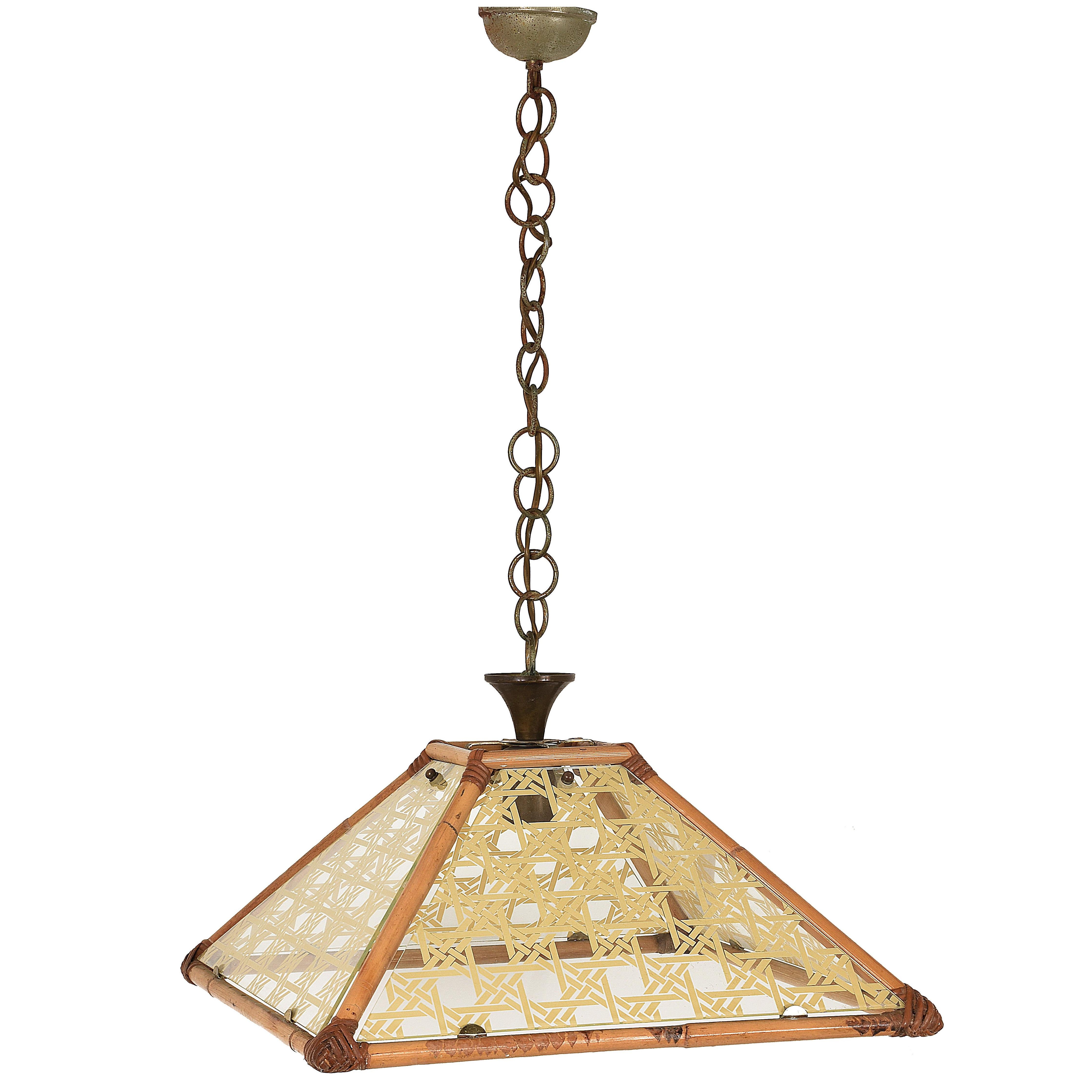 Chandelier in Textured Glass, Rattan, Bamboo and Brass, Pendant Italy, 1970s For Sale