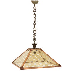 Retro Chandelier in Textured Glass, Rattan, Bamboo and Brass, Pendant Italy, 1970s