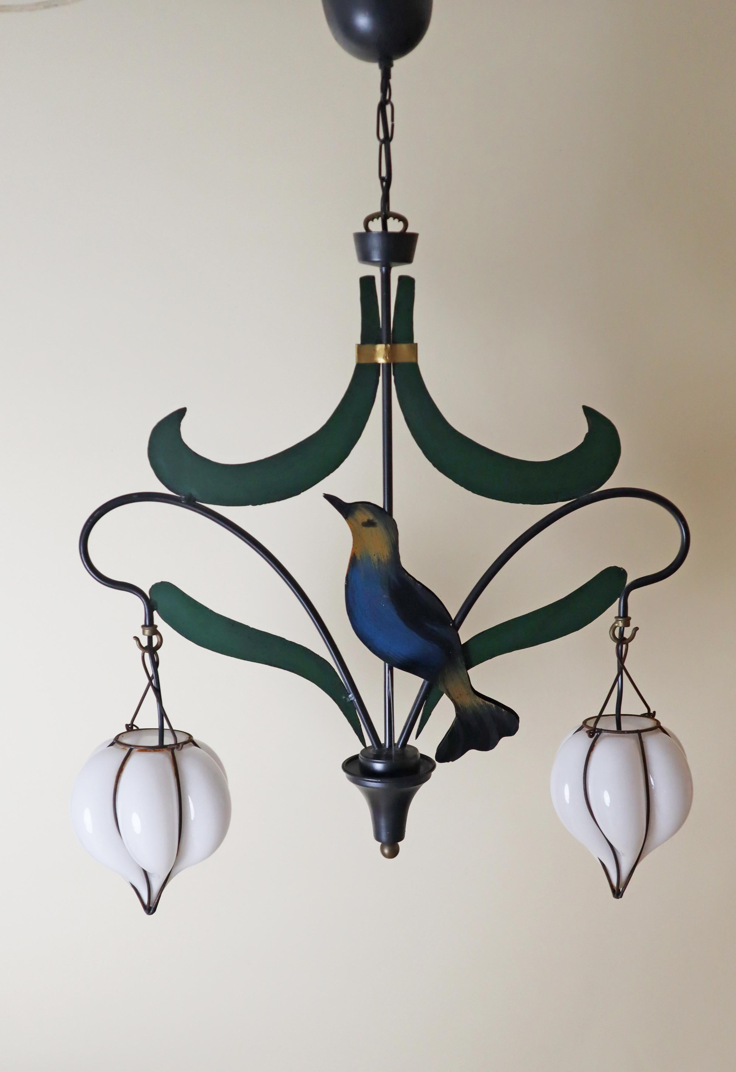 Lámpara de araña en forma de ruiseñor pájaro con Lantterns de cristal de Murano Italiano en venta
