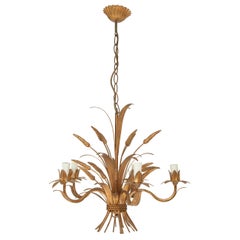 Chandelier in the Style of Maison Jansen, in Guilt Metal, Wheat Shaped Lights