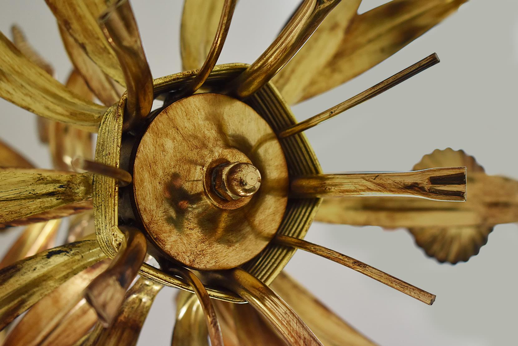 French Chandelier in the Style of Maison Jansen, in Guilt Metal, Wheat Shapped Lights