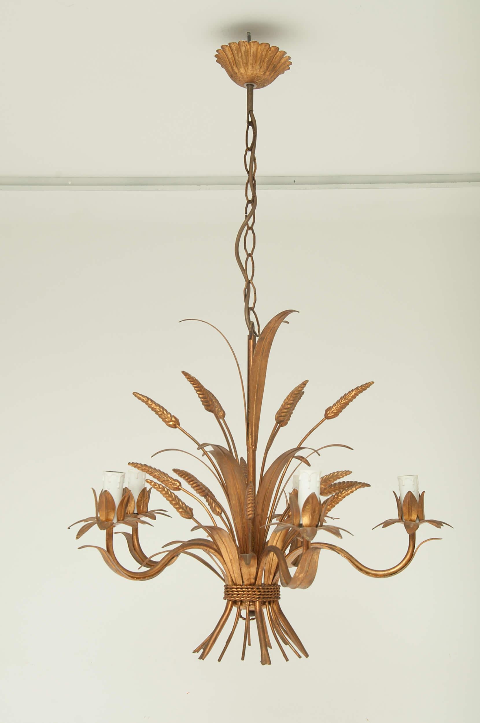 Mid-20th Century Chandelier in the Style of Maison Jansen, in Guilt Metal, Wheat Shaped Lights