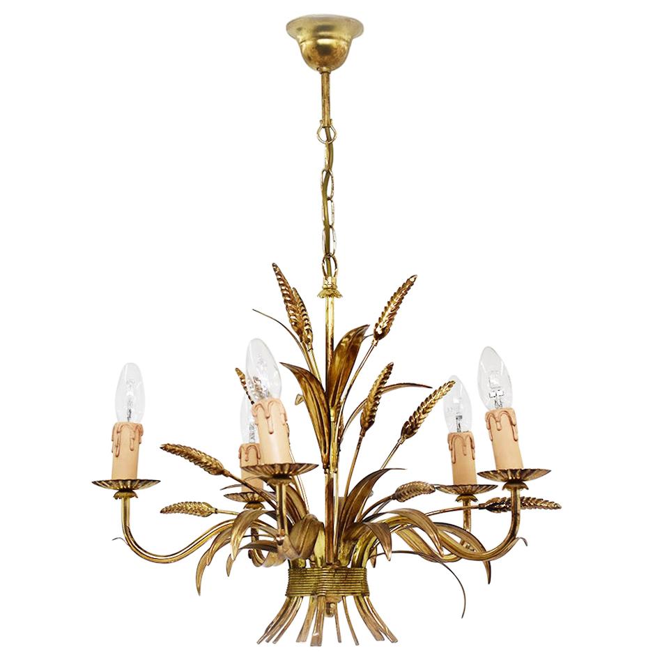 Chandelier in the Style of Maison Jansen, in Guilt Metal, Wheat Shapped Lights