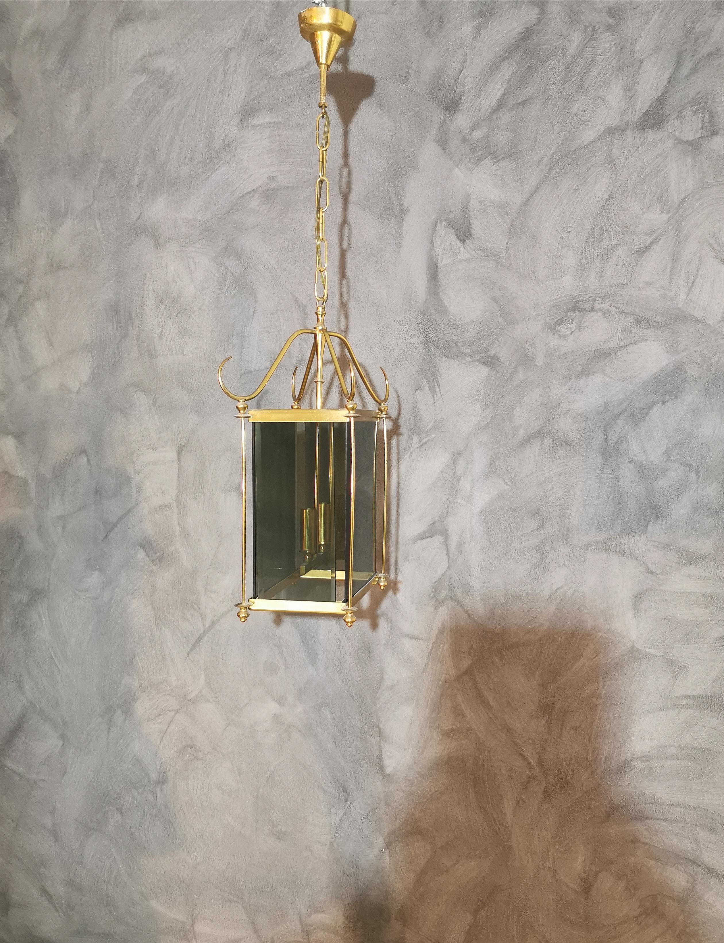 Mid Century Chandelier Brass Smoked Glass in the Style of Pietro Chiesa 1960s 4