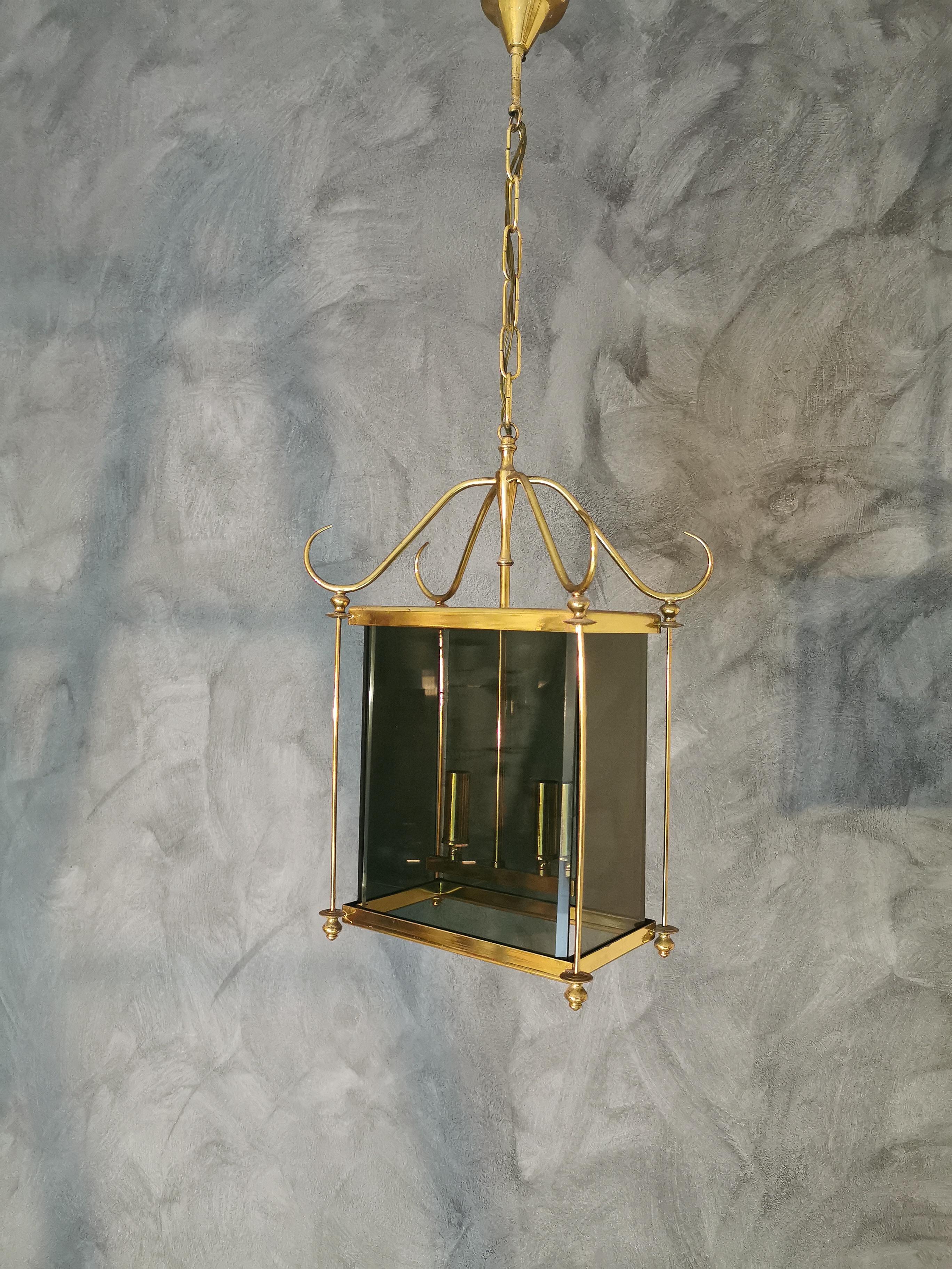 Mid Century Chandelier Brass Smoked Glass in the Style of Pietro Chiesa 1960s 1