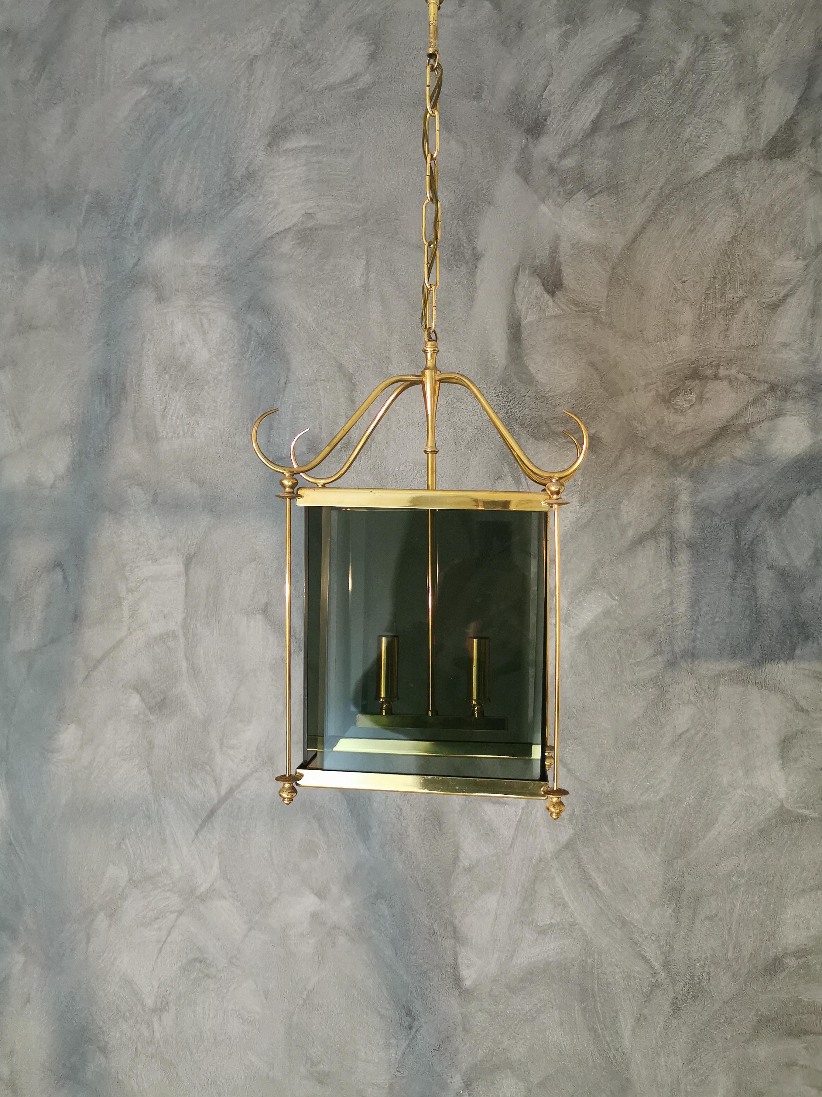 Mid Century Chandelier Brass Smoked Glass in the Style of Pietro Chiesa 1960s 3