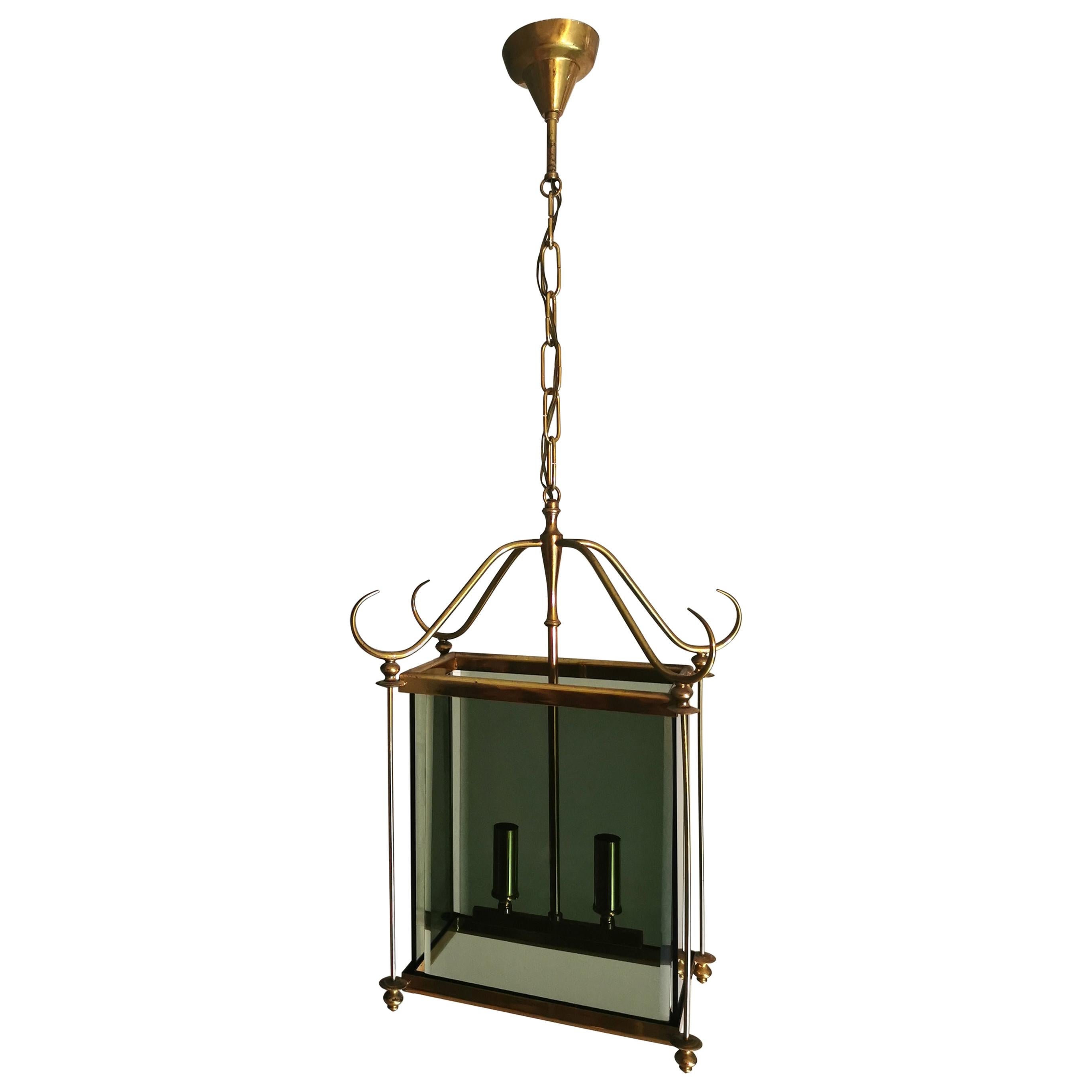 Mid Century Chandelier Brass Smoked Glass in the Style of Pietro Chiesa 1960s