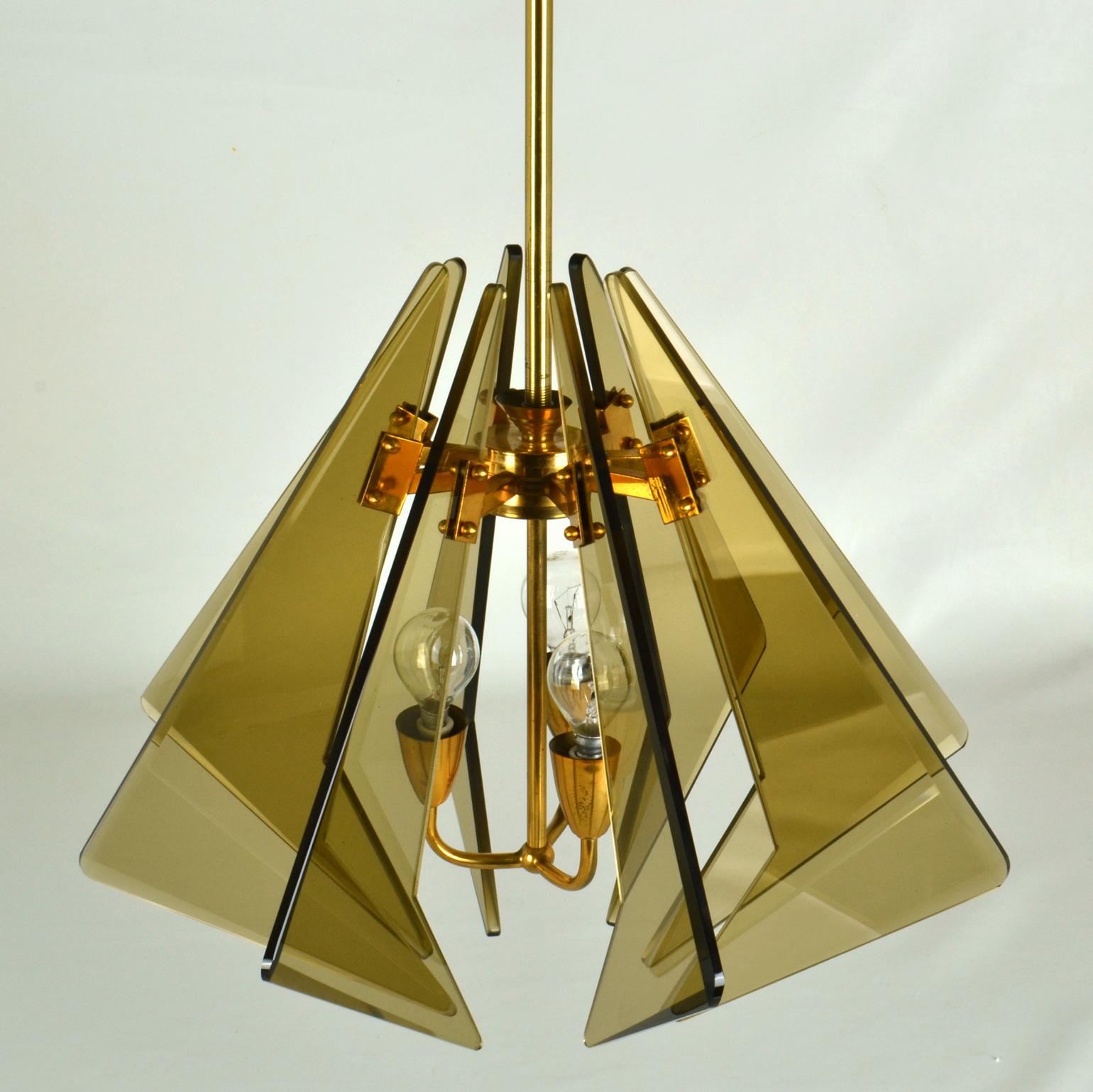 Mid-Century Modern Chandelier inTinted Glass and Gilded Brass by Gino Paroldo, Fontana Arte For Sale