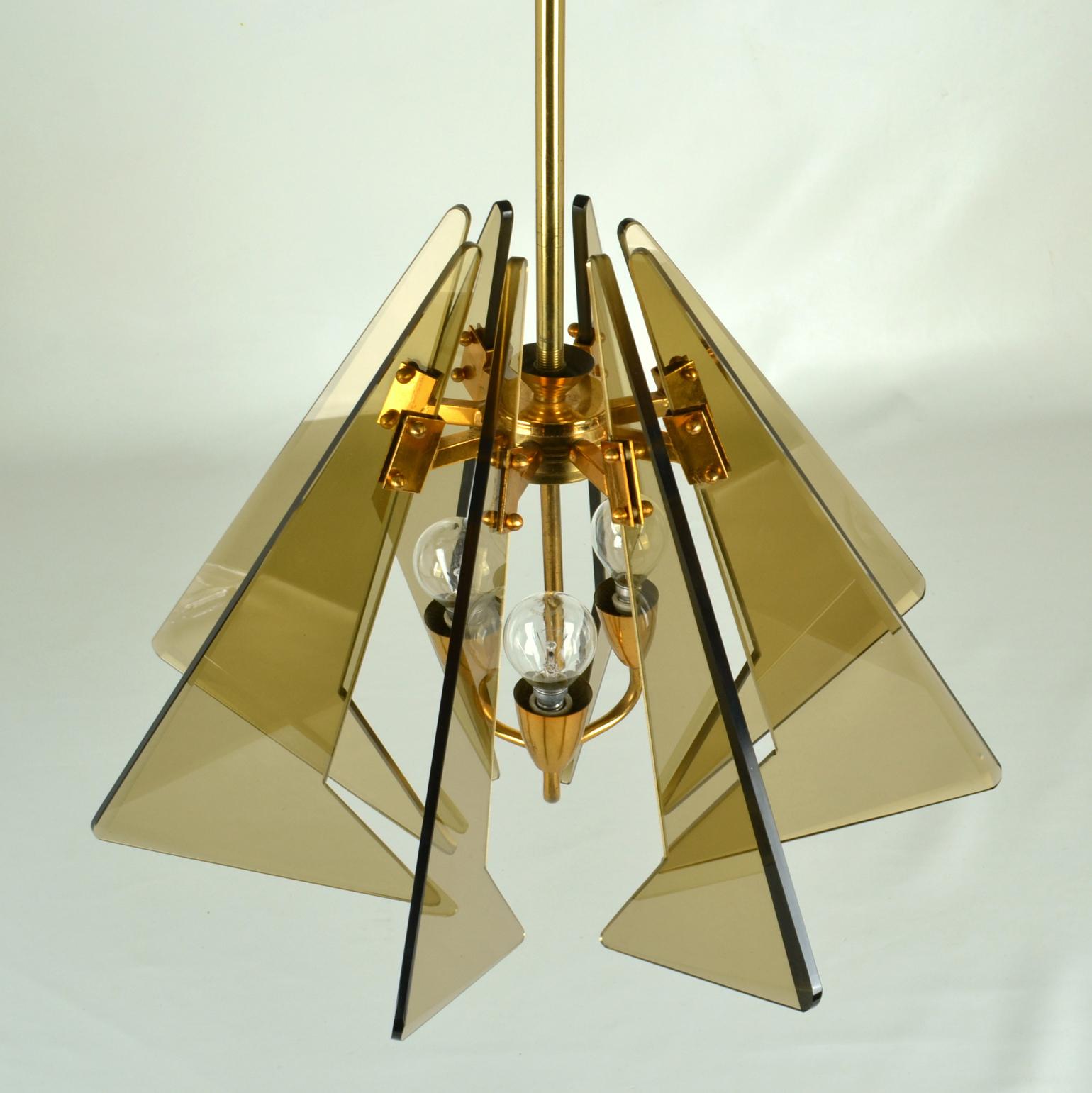 Italian Chandelier inTinted Glass and Gilded Brass by Gino Paroldo, Fontana Arte For Sale