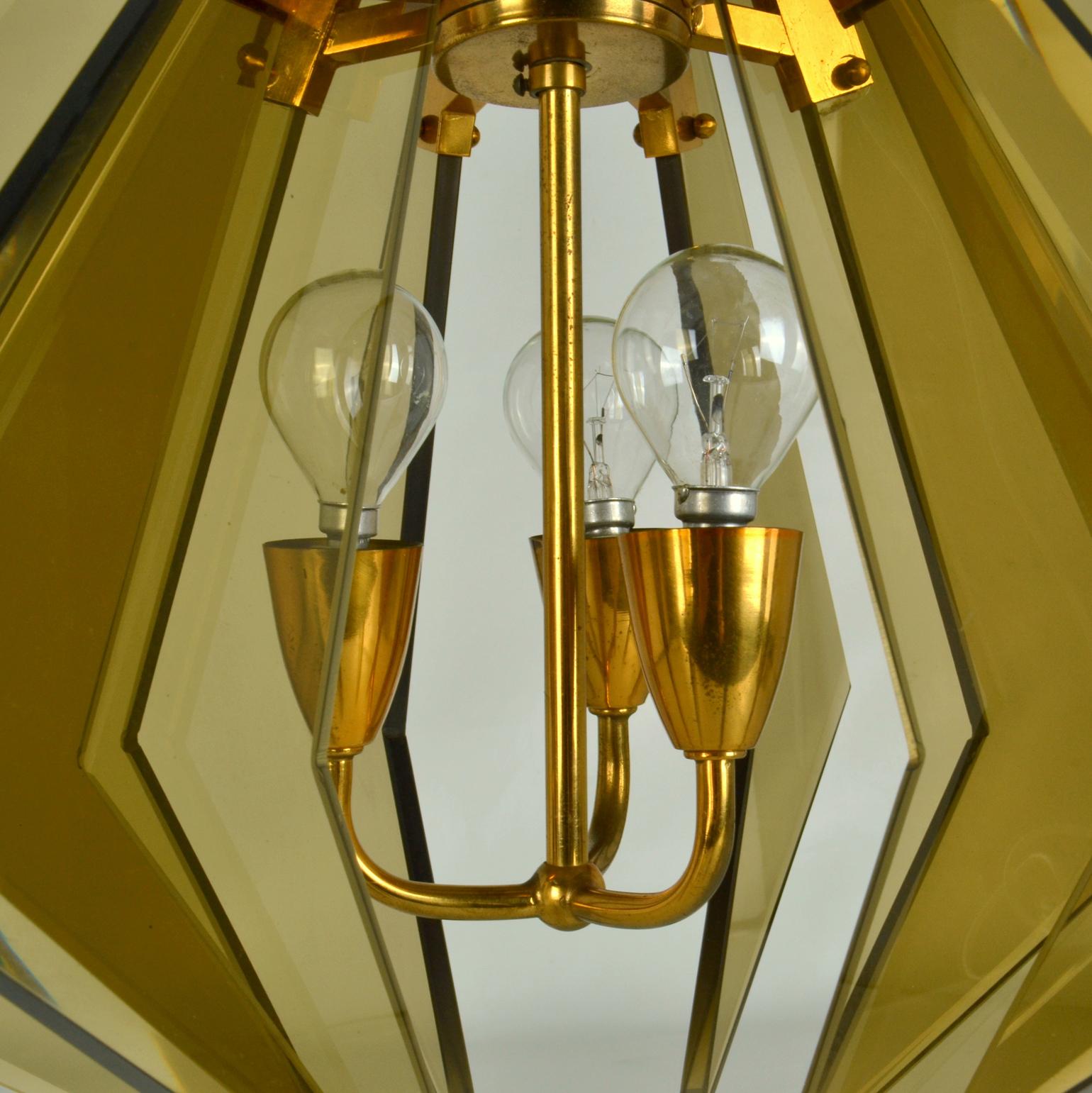 Chandelier inTinted Glass and Gilded Brass by Gino Paroldo, Fontana Arte For Sale 3