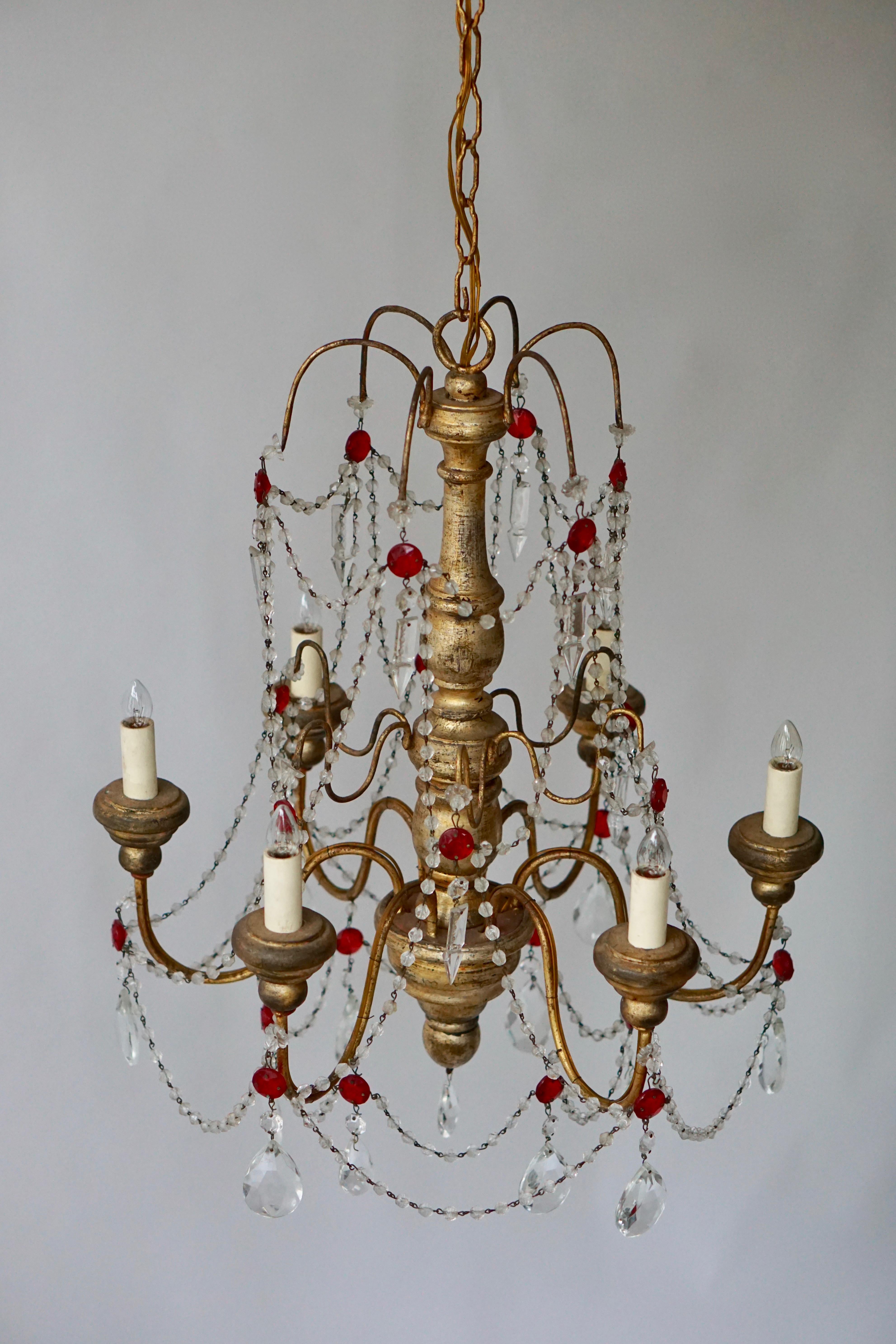 Mid-Century Modern Chandelier in Wood and Crystal For Sale