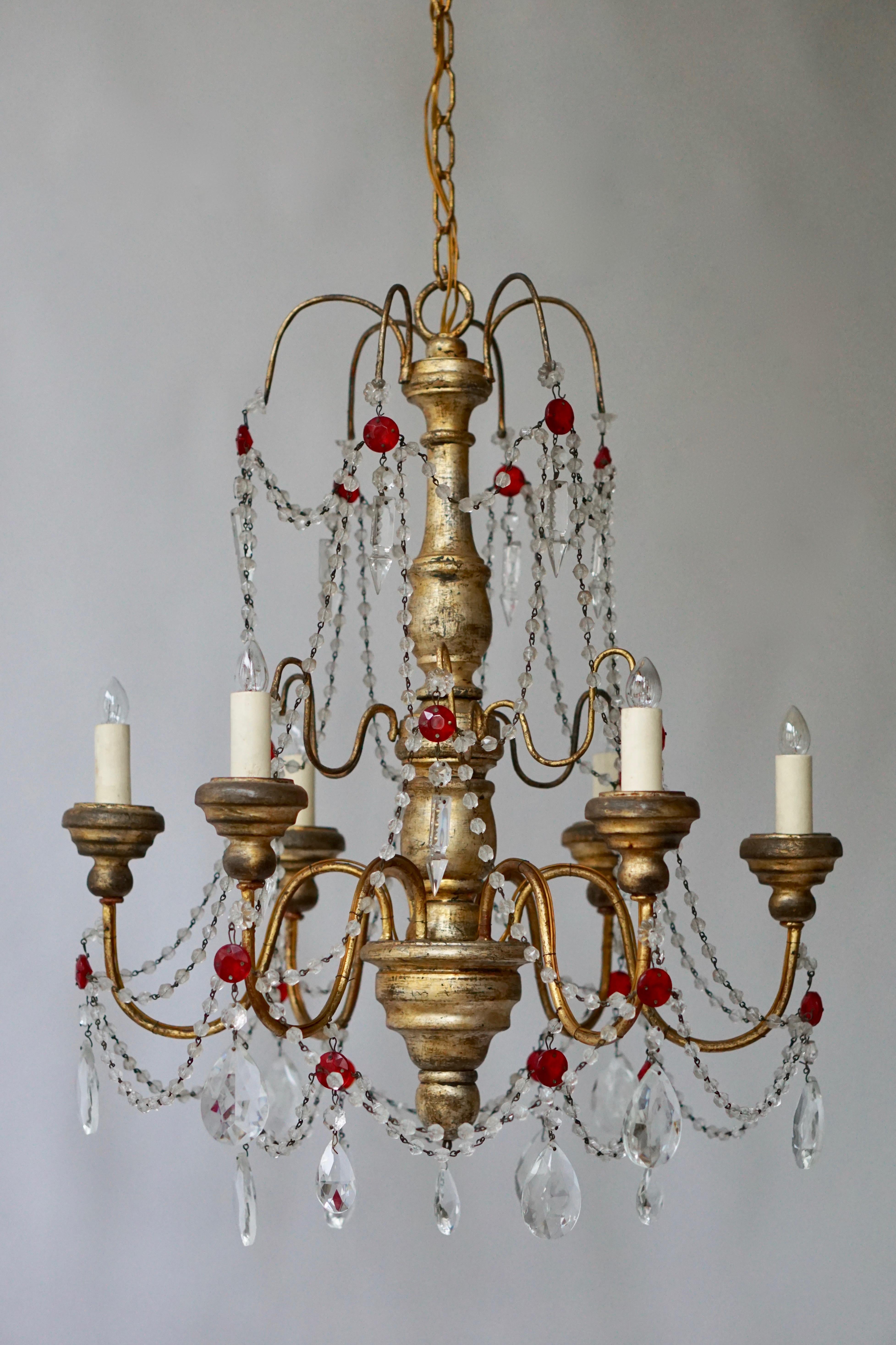 Gilt Chandelier in Wood and Crystal For Sale