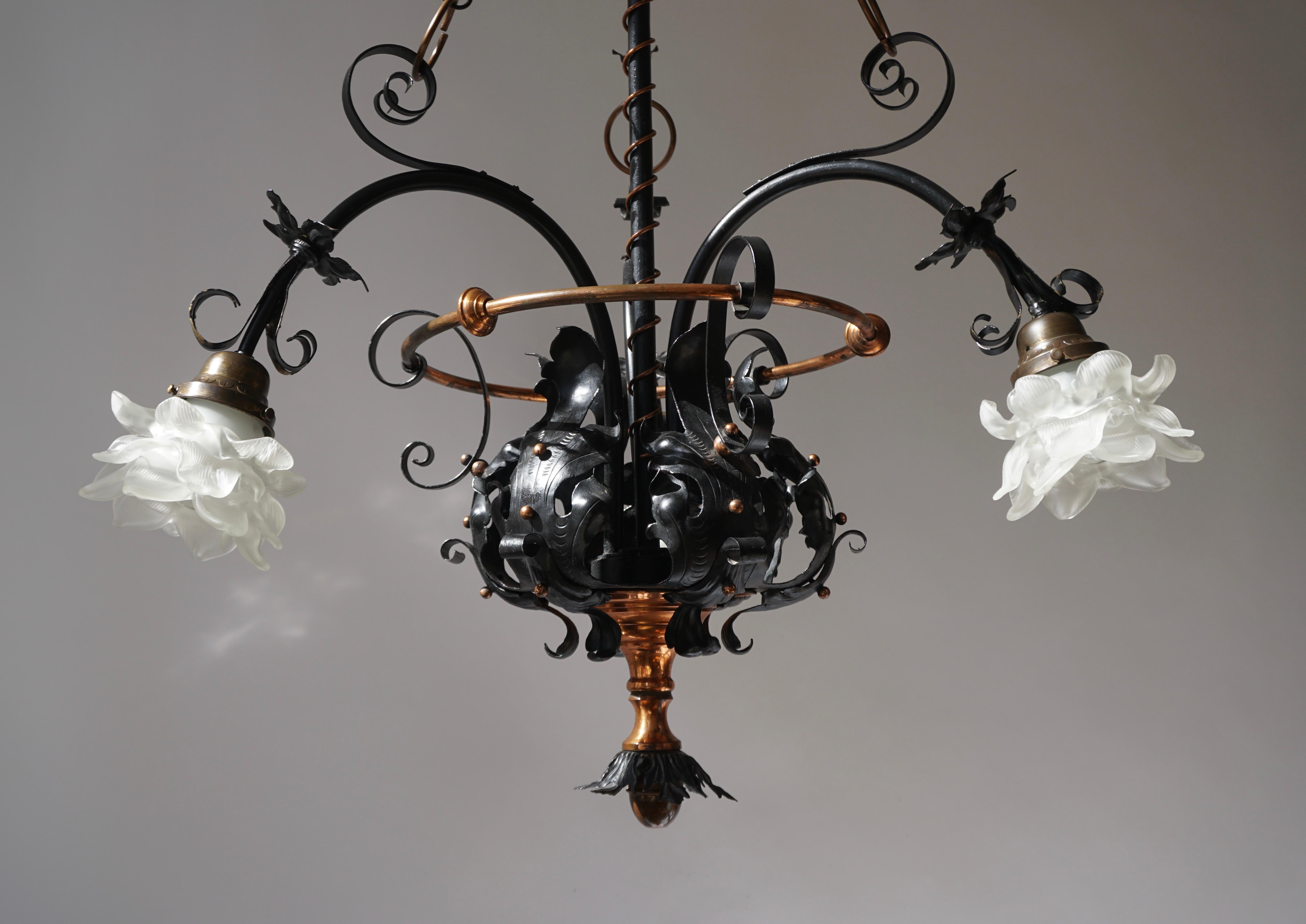 Glass Chandelier in Wrought Iron and Brass For Sale