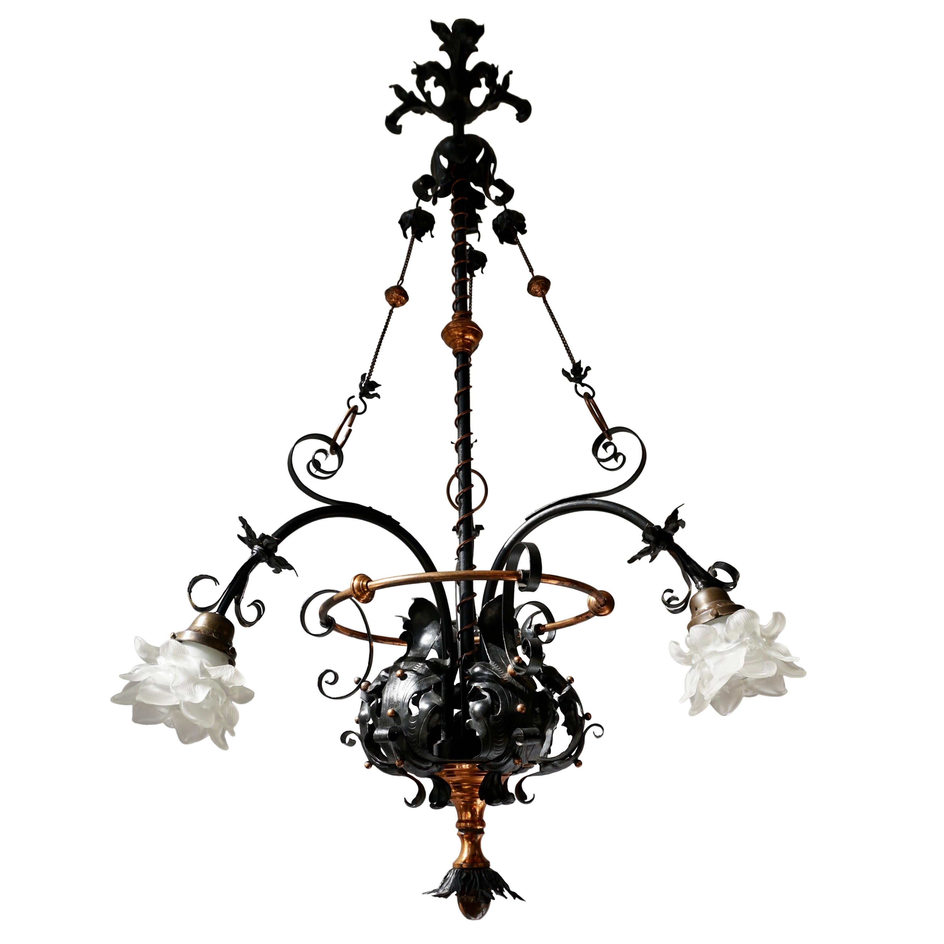 Chandelier in Wrought Iron and Brass