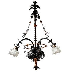 Retro Chandelier in Wrought Iron and Brass