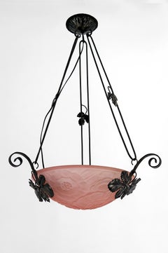 Chandelier in Wrought Iron,  Pink Glass Geometric Floral Patterns, Art Deco