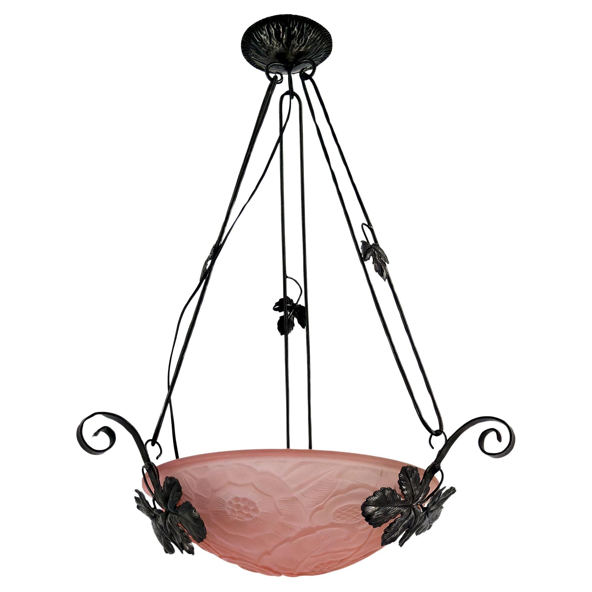Chandelier in Wrought Iron,  Pink Glass Geometric Floral Patterns, Art Deco