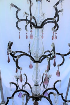 Chandelier, Iron, Crystals, Mid-Century, 3 Tiers, Crystal Glass Center bodys