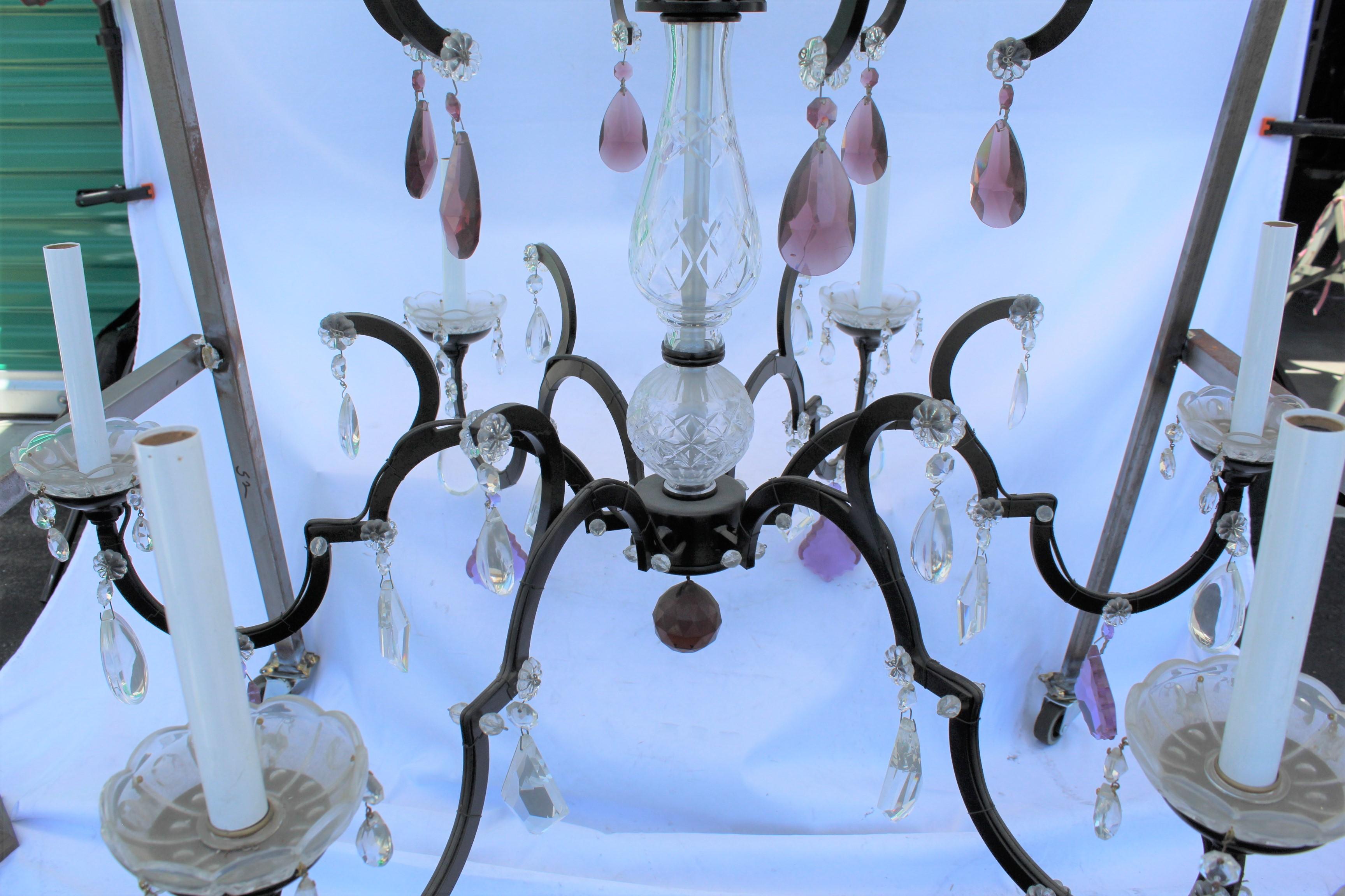 Mid-Century Modern Chandelier, Iron, Crystals, Mid-Century, 3 Tiers, Crystal Glass Center bodys For Sale
