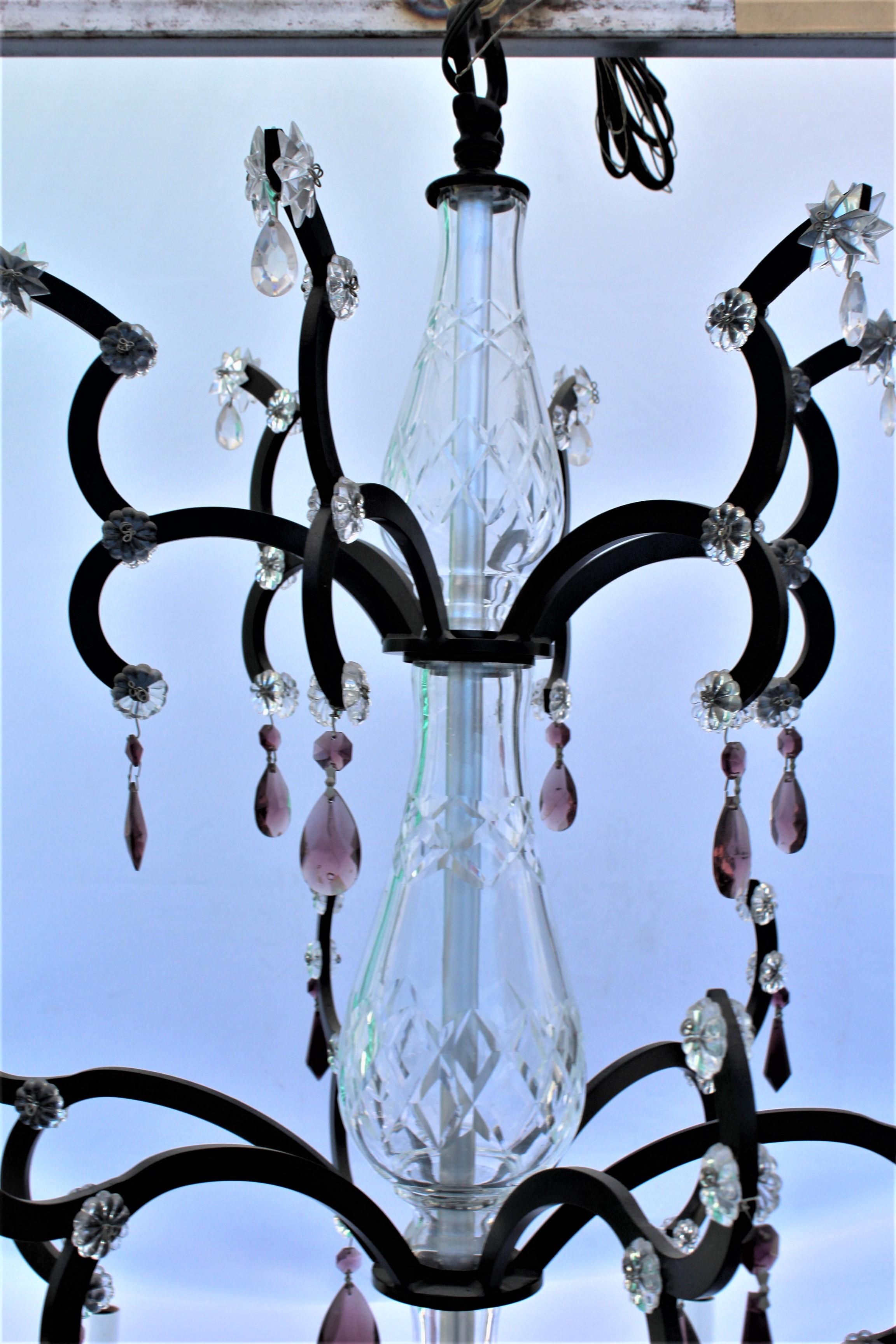 Chandelier, Iron, Crystals, Mid-Century, 3 Tiers, Crystal Glass Center bodys In Good Condition For Sale In Los Angeles, CA
