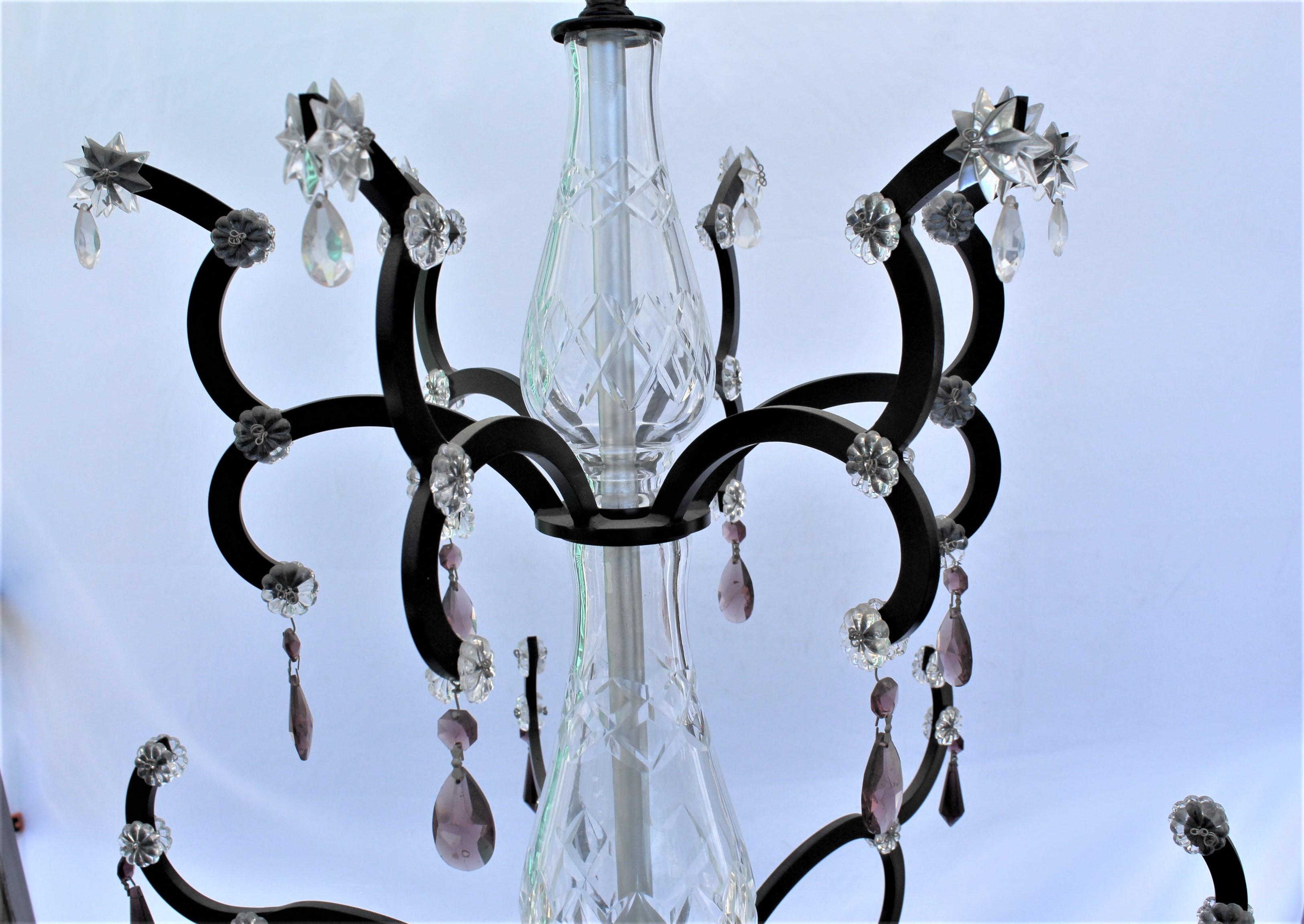 Chandelier, Iron, Crystals, Mid-Century, 3 Tiers, Crystal Glass Center bodys For Sale 1