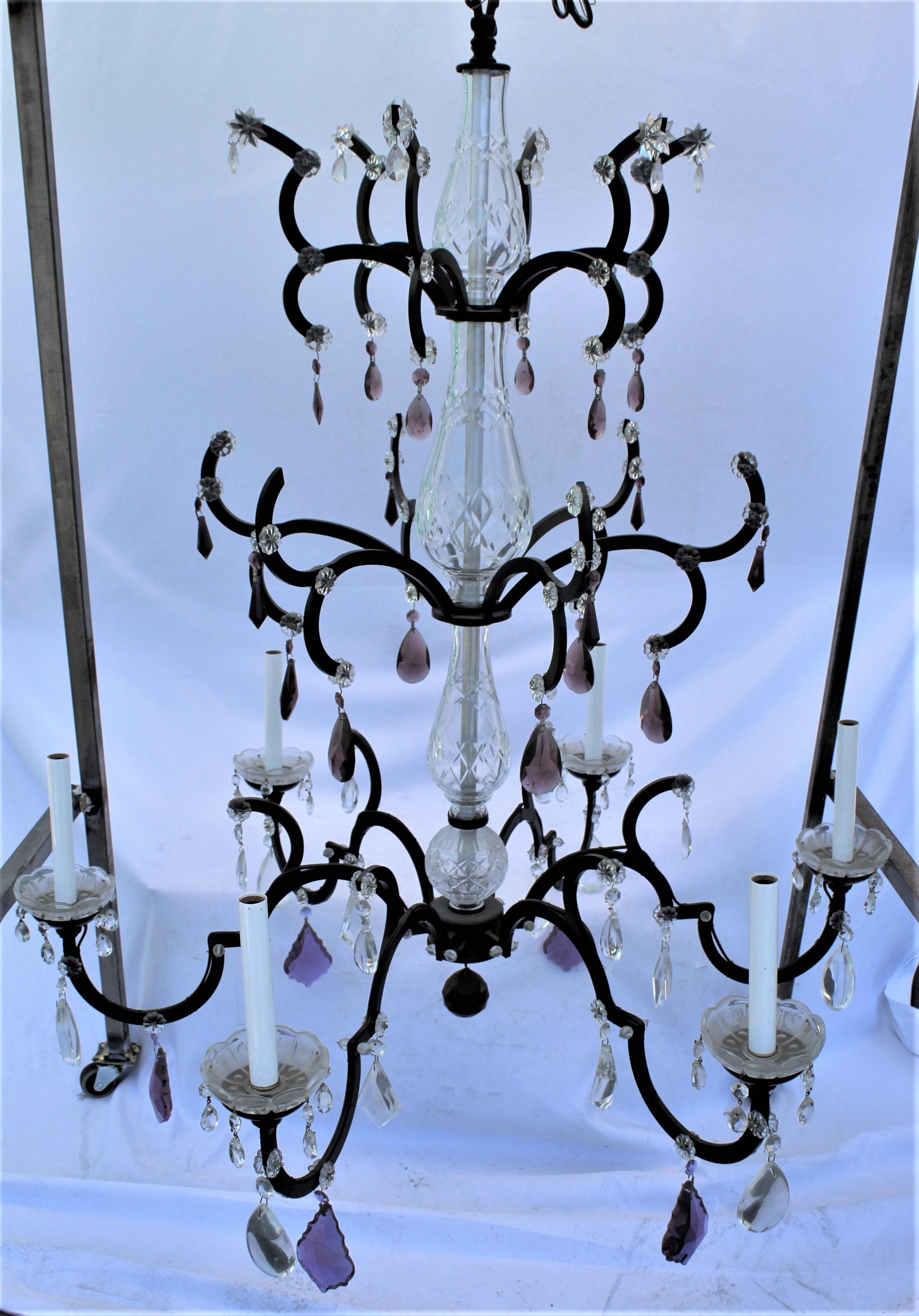 Chandelier, Iron, Crystals, Mid-Century, 3 Tiers, Crystal Glass Center bodys For Sale 2