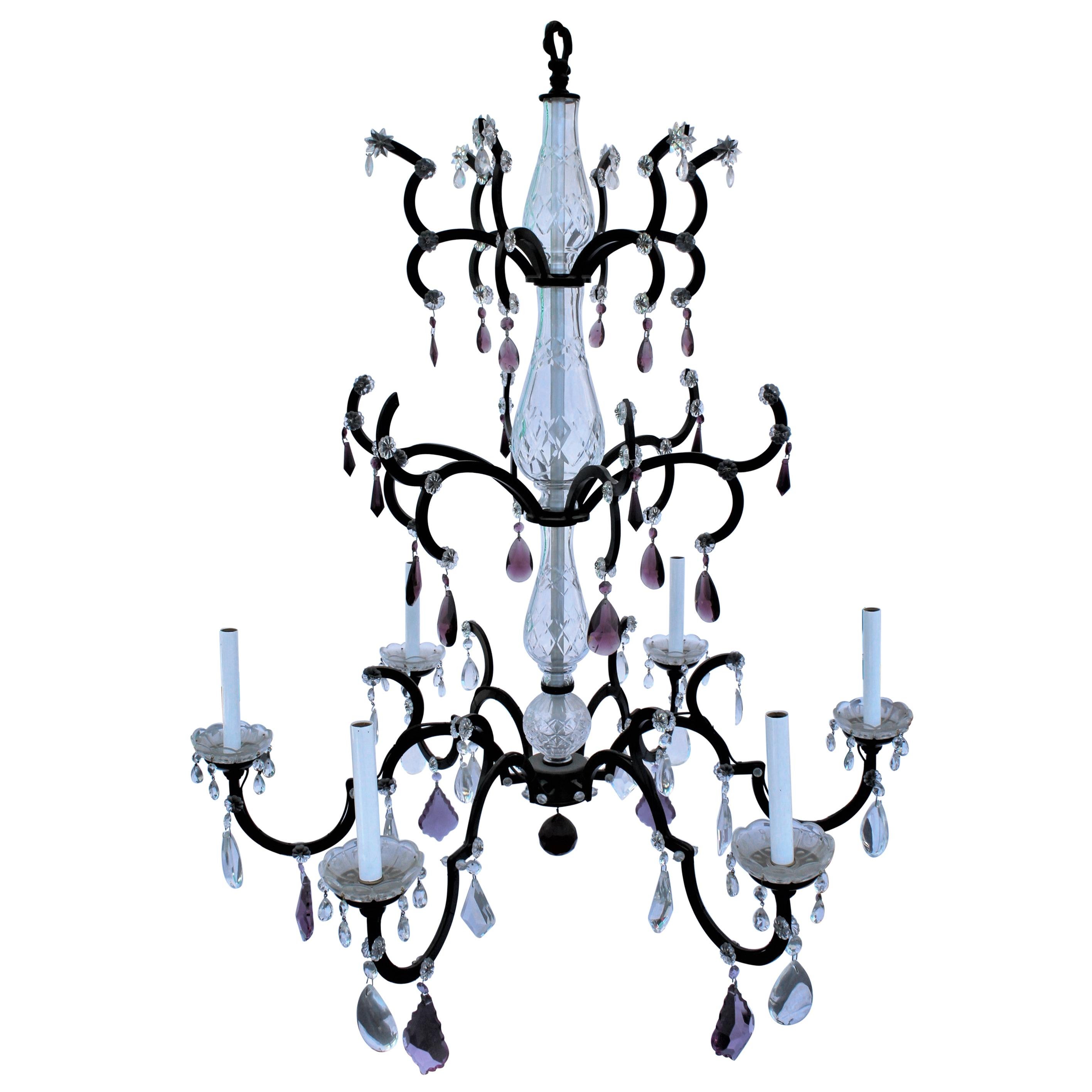Chandelier, Iron, Crystals, Mid-Century, 3 Tiers, Crystal Glass Center bodys For Sale